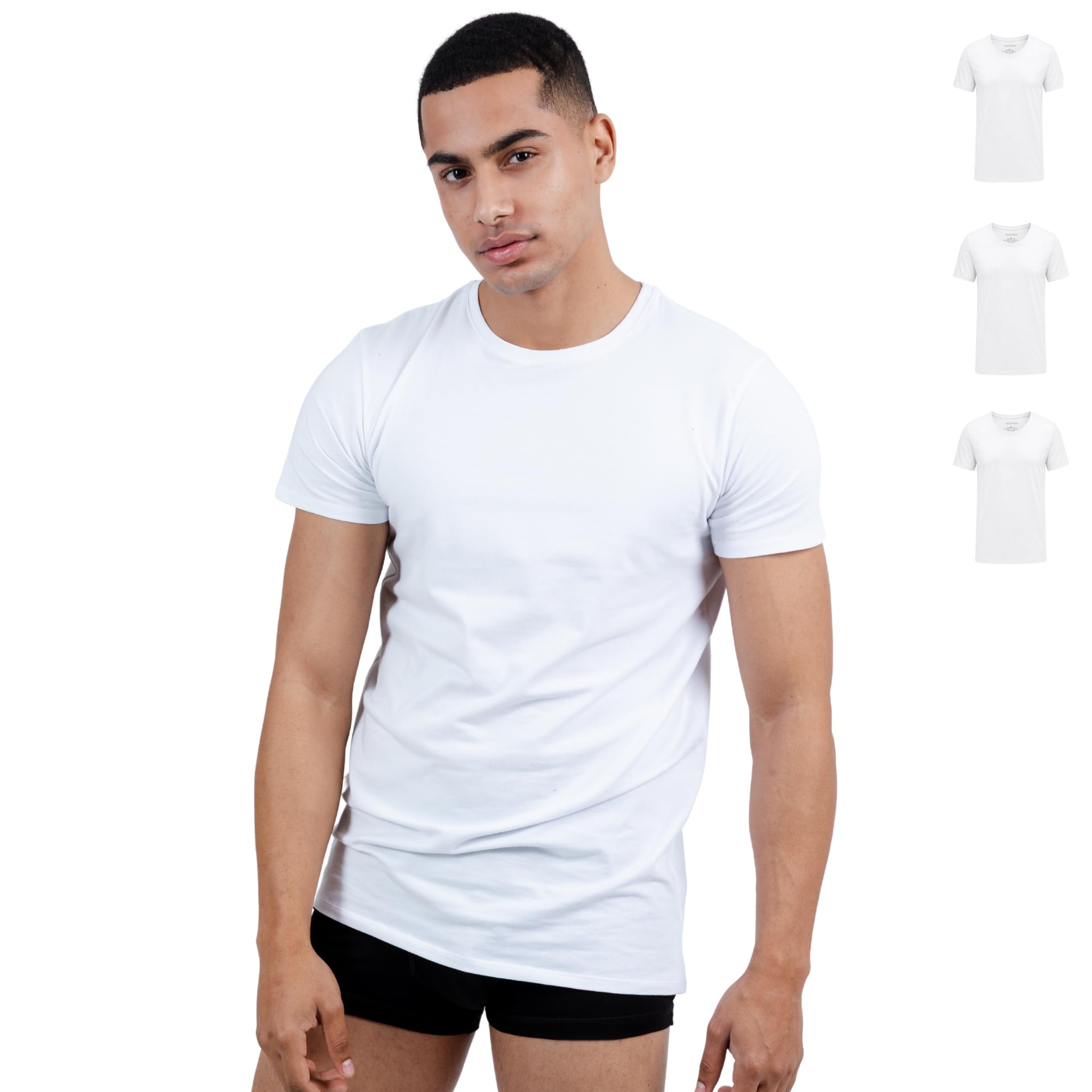 SKIPPER Lot de 3 Stretch T Shirt Homme Col Rond I Maillot de Corps I Tricot de Corps 95% Coton 5% Élasthanne I sous Chemise Manches Courtes I Label Oeko-TEX® en Trois Coloris