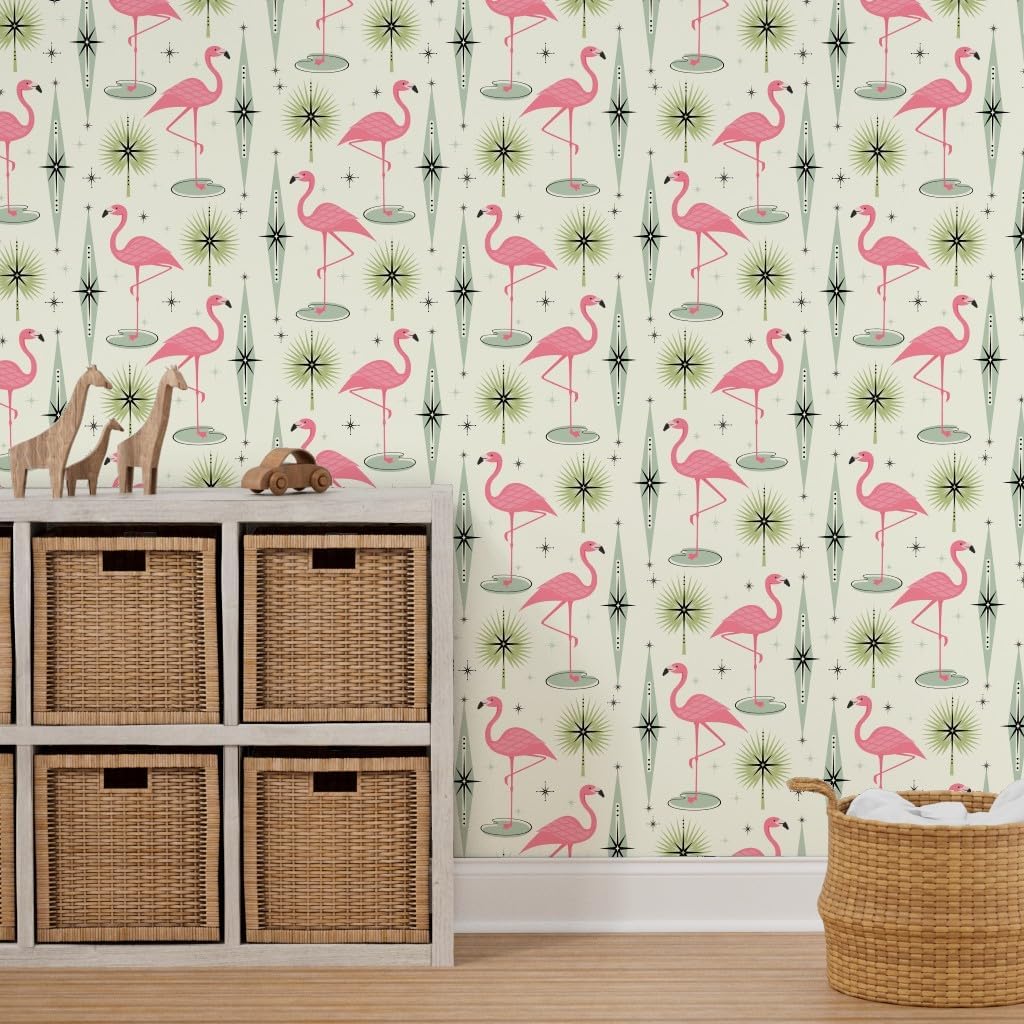 Spoonflower Peel & Stick Wallpaper 6ft x 2ft - Atomic Flamingo Vertical Pink Flamingos Palm Leaves Diamonds Mid Century Retro Fifties 1950S Birds Custom Removable Wallpaper
