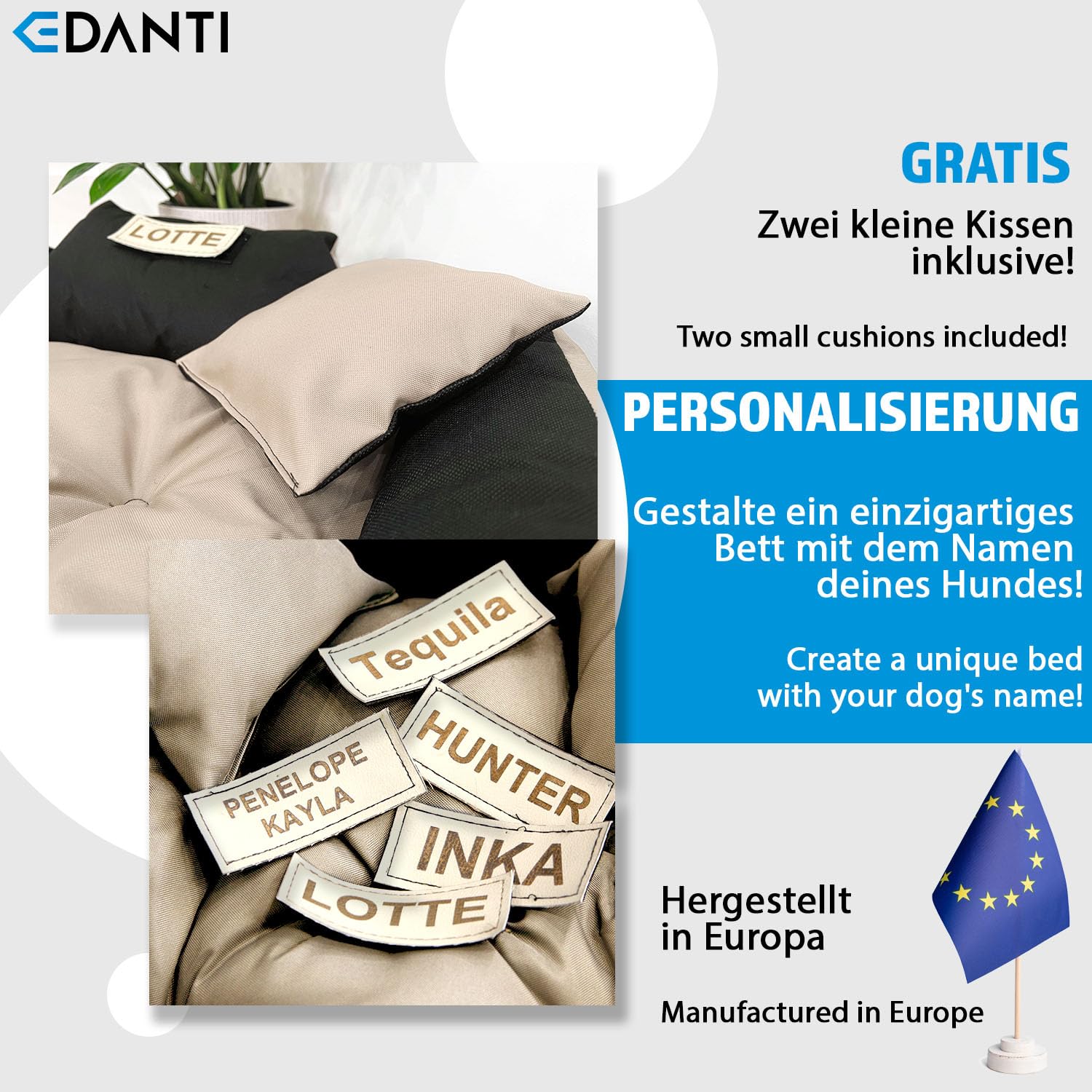 Hundebett Hundekissen Katzenbett Personalisiert Hundesofa mit Namen L - XL für große mittelgroße & kleine Hunde (100x75, Beige)
