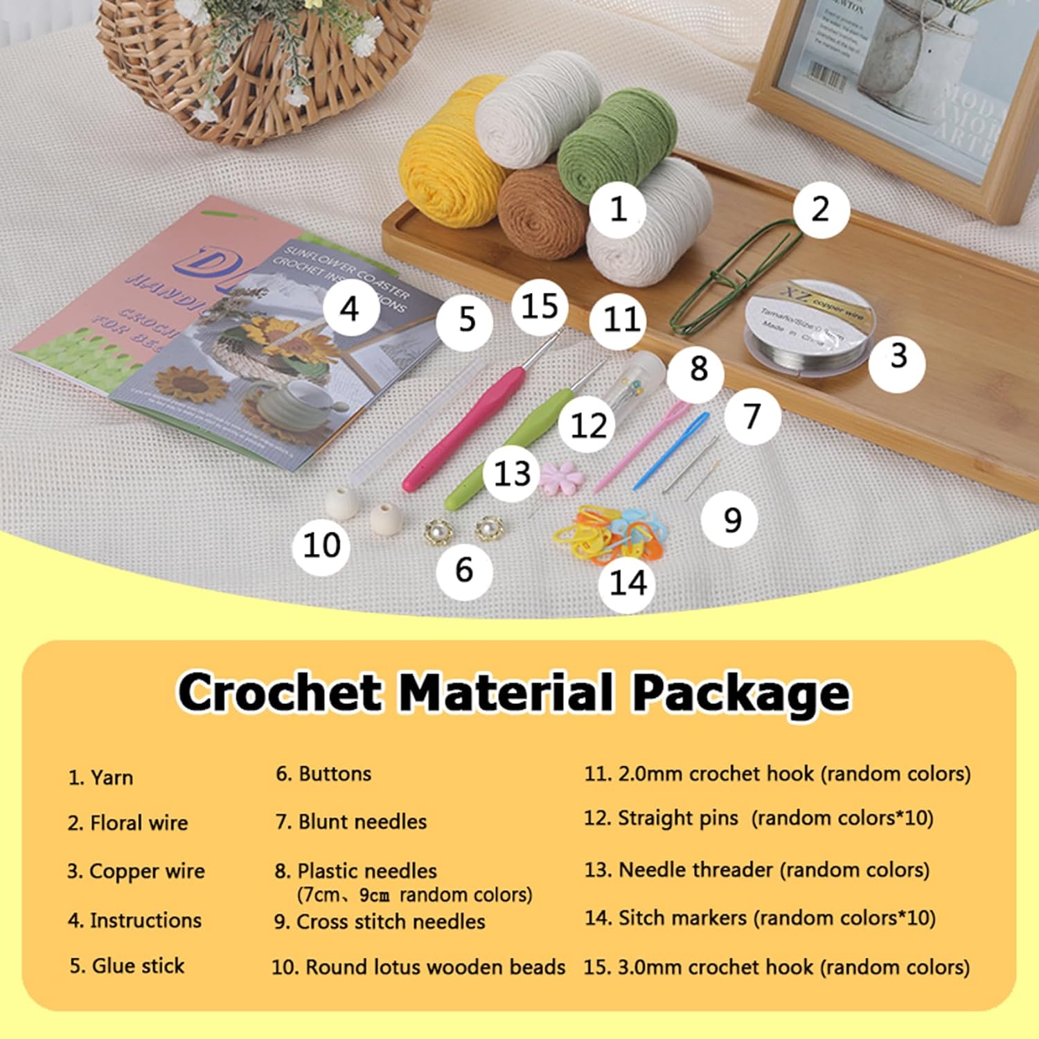 HVEST Crochet Kit for Beginners, 3 Pcs Sunflower Green Leaf Plant Coaster Crochet Start Kit with Step-by-Step Video Tutorials Crochet Accessories for Adults Women DIY Gifts Crochet Supplies Kits