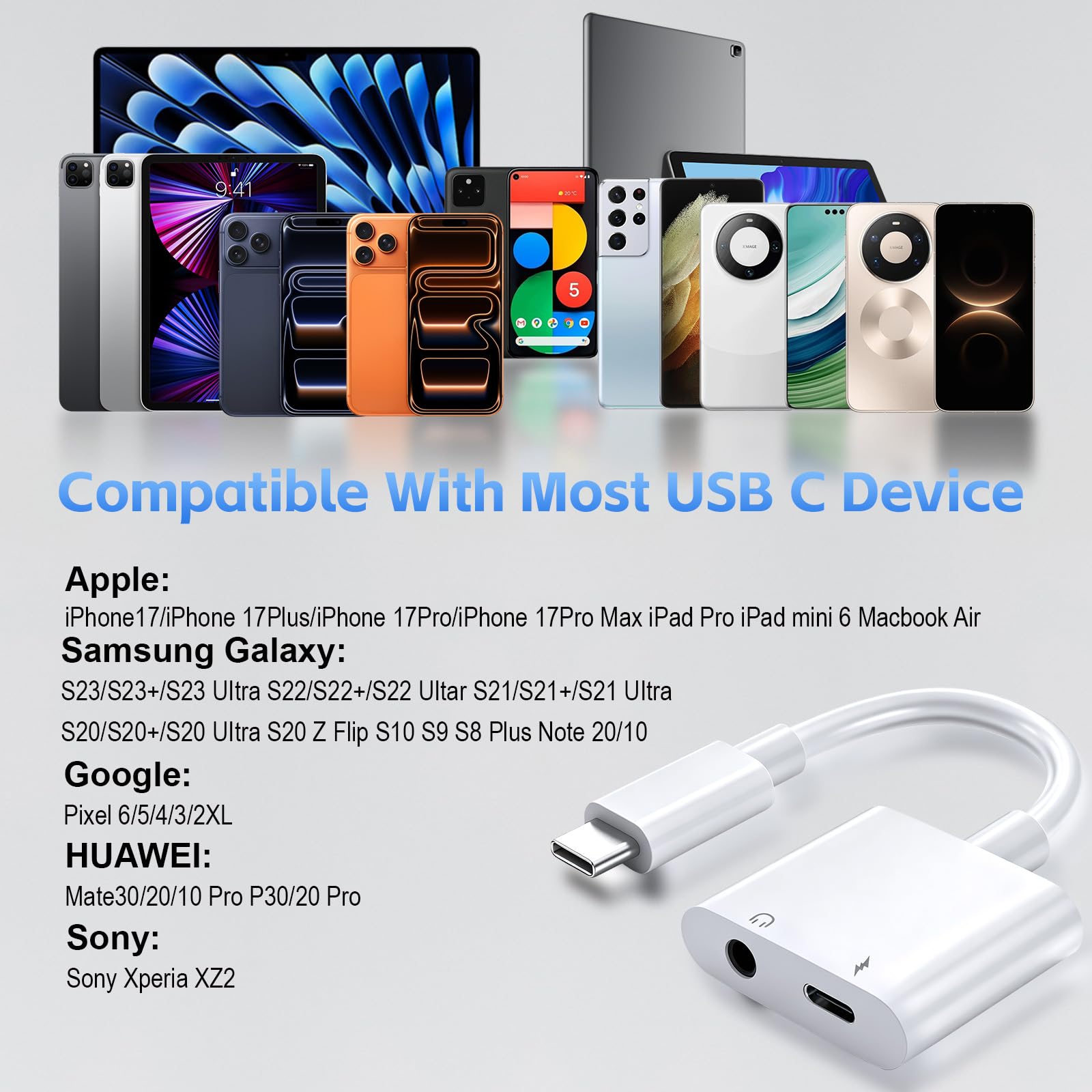 Adattatore da USB C a 3,5 mm per cuffie e caricabatterie, confezione da 2 cavi da tipo C a jack AUX con ricarica rapida PD