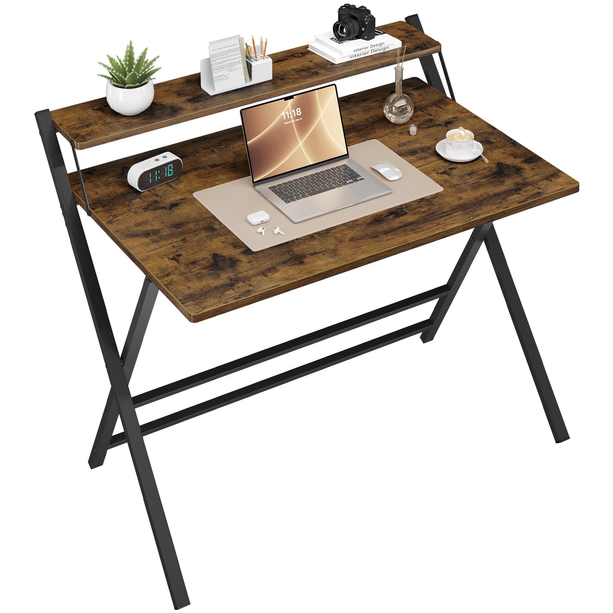 Yaheetch Foldable Desk with Monitor Stand, 80 cm Computer Desk for Small Spaces, 2-Tier Folding Table for Home, Office, School, Dormitory, Easy Assembly, Rustic Brown