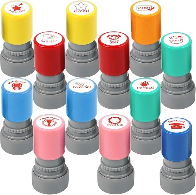 VGOODALL Stamps for School Teachers, 12Pcs Colourful Self Inking Teacher Stamps Pre Ink Reward Stamp for Kids Education Teachers Review School Prizes