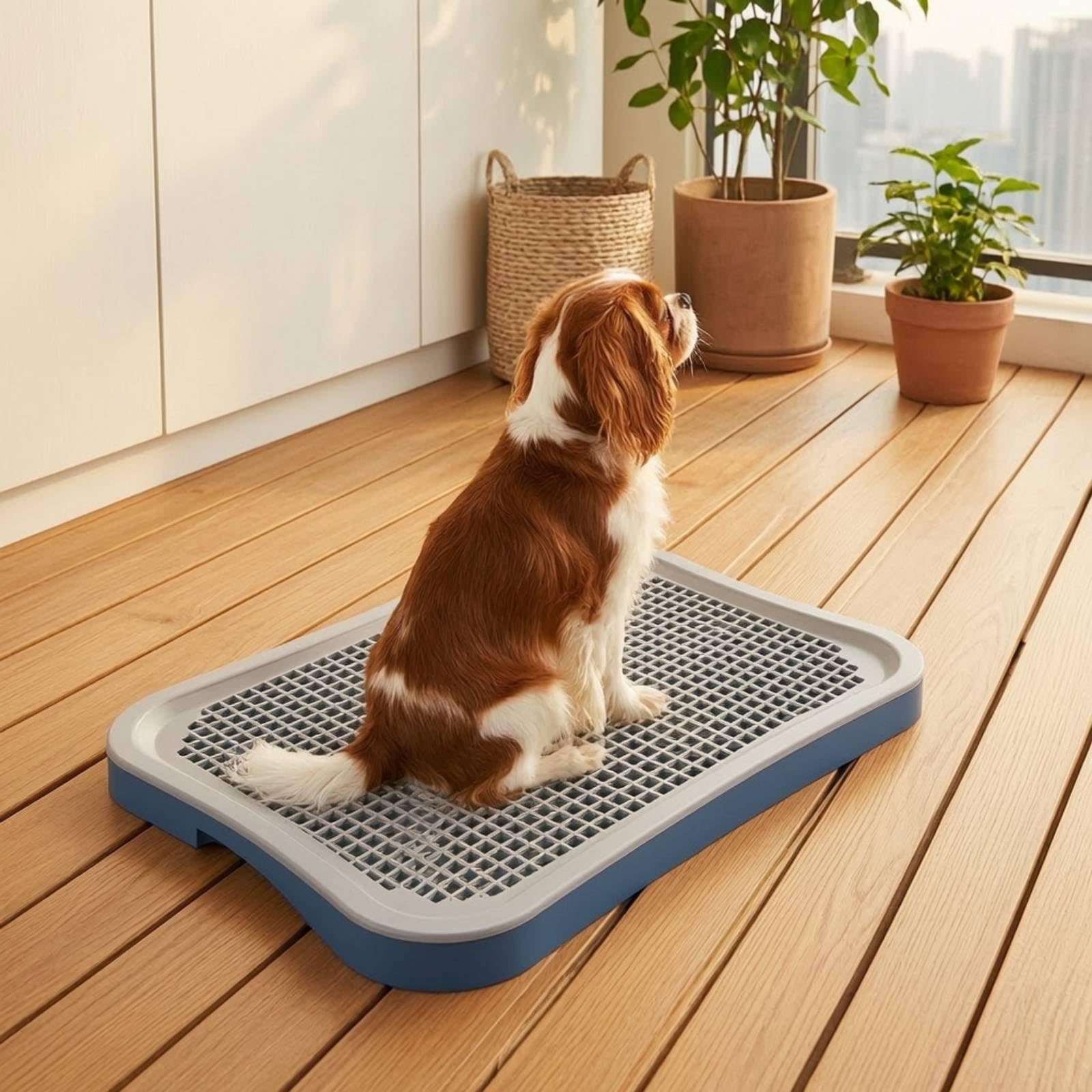 Baoblaze Plateau Toilette pour Chiens Plateau Bac Tapis Grille Surélevée pour Drainage Rapide Base Stable en PP Panneau Arrière Retenant Les Projections Adapté, Bleu, Grand