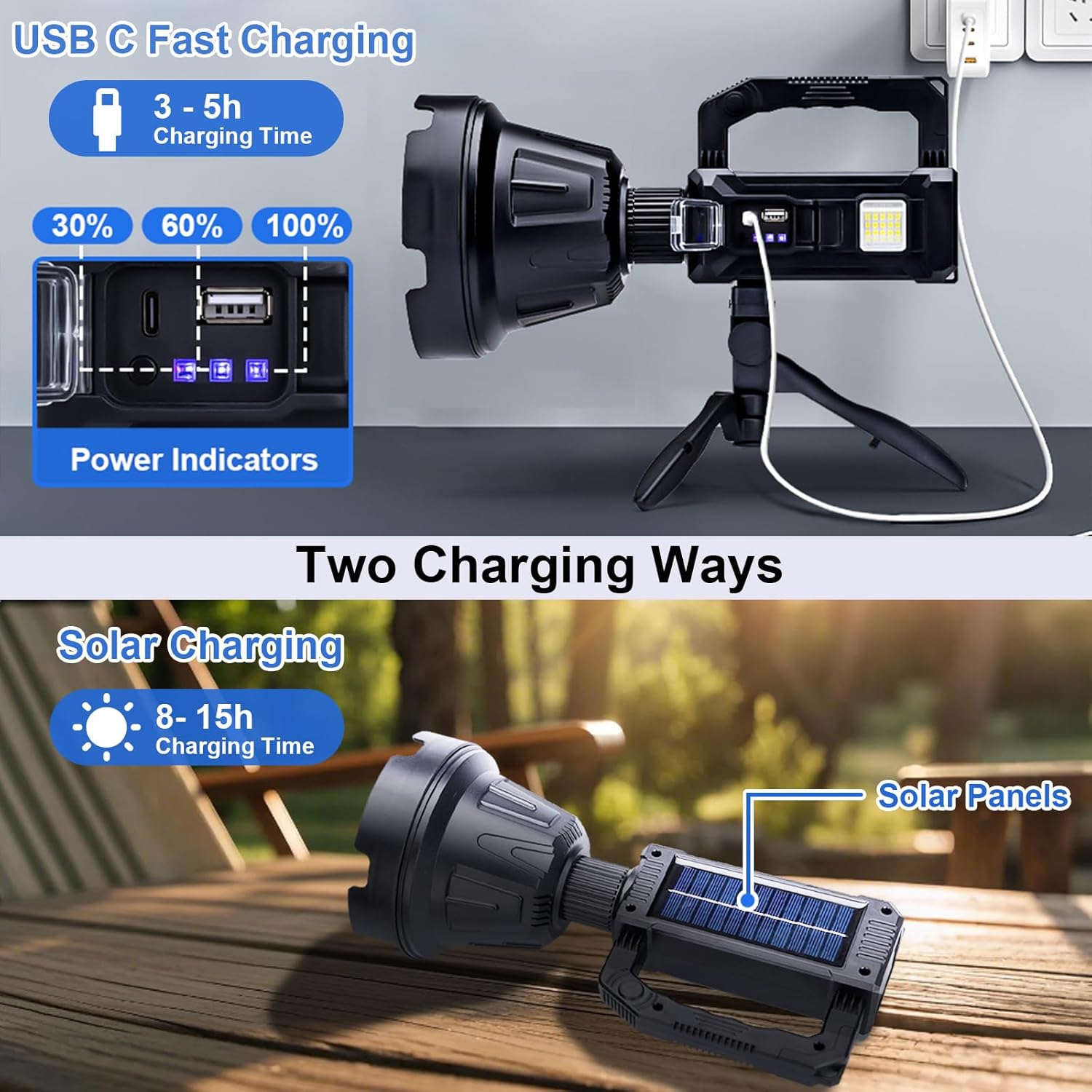 Rechargeable Handheld Spotlight, 3,000,000L Super Bright LED Solar & High Powered Spot Light with 6 Modes, 3 Color Lenses, COB Side Light, USB C, Waterproof for Outdoor Emergency Hunting