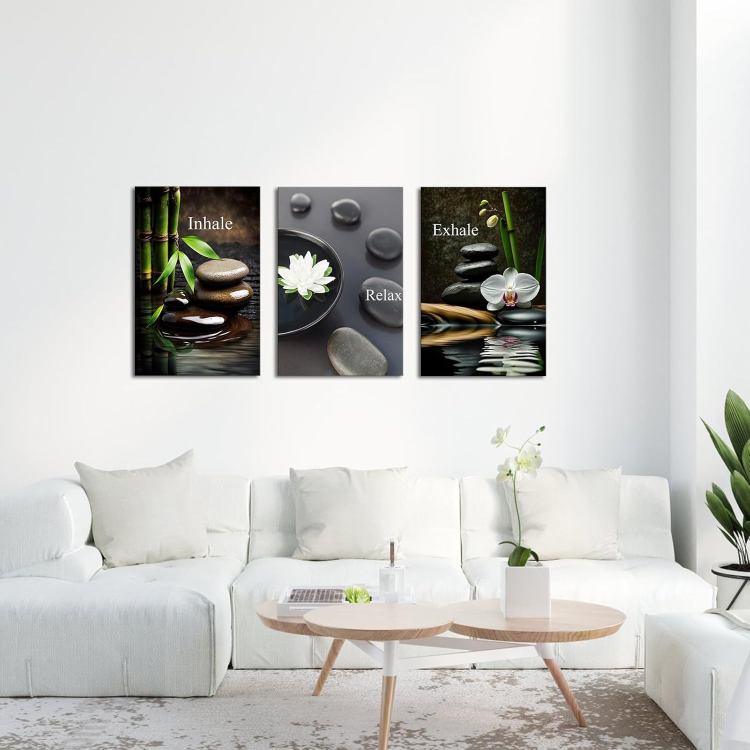 FuShvre Zen Wall Art for Bathroom Zen Stone Bamboo Lotus Orchid Flower Pictures Still Life Wall Decor Framed 16x24 inch each piece (medium)
