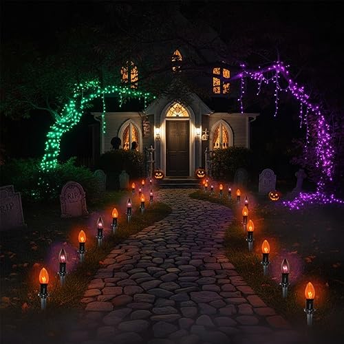 Miniatura 8 de Luces de camino de Halloween para exteriores, paquete de 10 luces de estaca para decoración de fiesta de Halloween con bombillas C9 transparentes