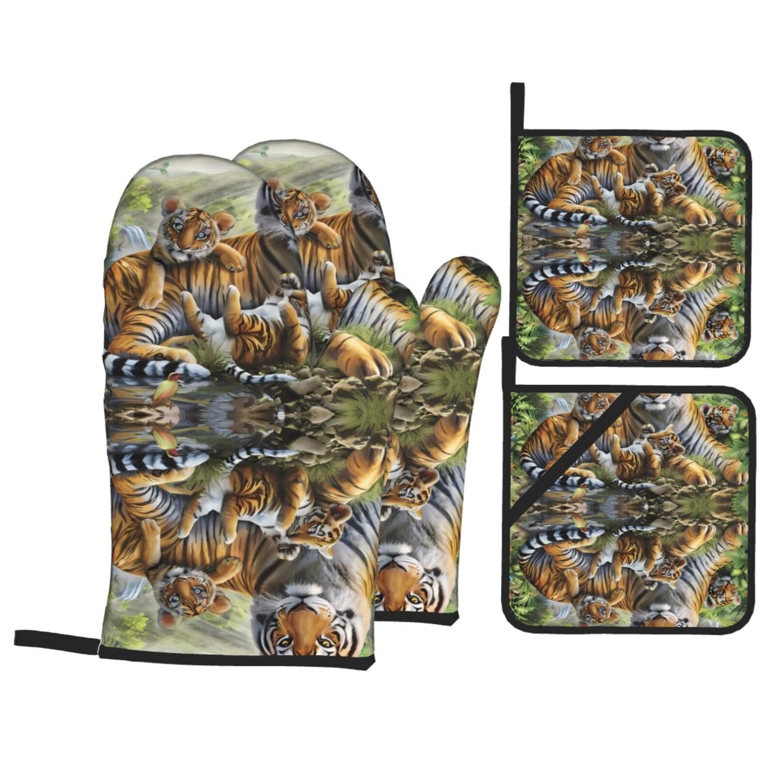 HJFCZH Jungle Tigers Cub Prints Kitchen Throw Set: Durable Oven Layers with Waterproof Polyester – 4 Piece Heat Protection System