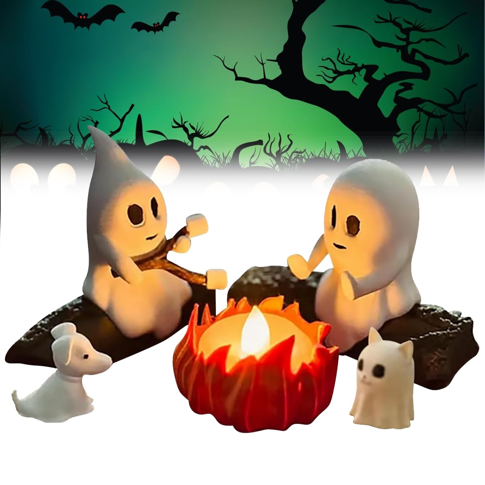 Ghost Campfire lampka nocna, 3D duch, ognisko, migocząca lampka nocna, zabawna dekoracja na Halloween, urocza przytulna upiorna statuetka, lampka nocna do domowego kominka lub biurka (wszystkie)