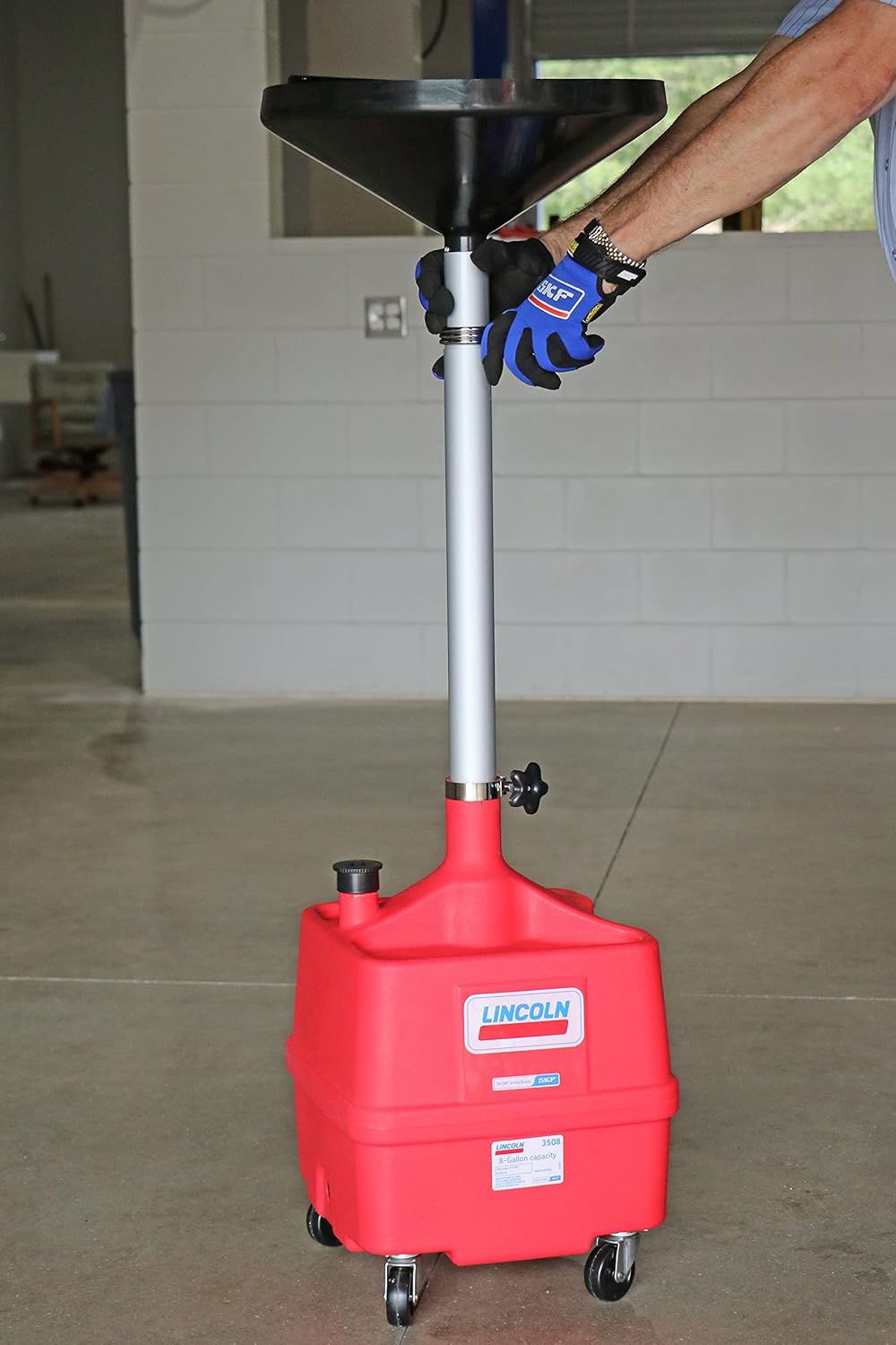 Lincoln 3508 8 Gallon Waste Fluid Drain Tank, 36-65" Adjustable Funnel Height, 17.5" Bowl, High-Density Polyethylene, Oil Filter Shelf, Draining Spigot and Bung Port, 4 2.5" Swivel Casters, Red