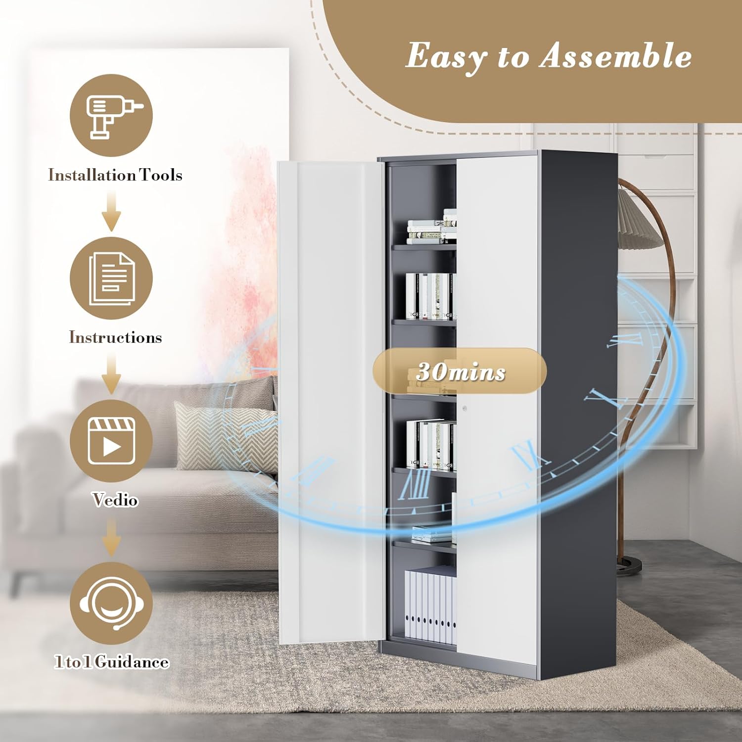 Infographic showing the easy assembly process, including installation tools, instructions, video guidance, and 1-to-1 guidance, with an estimated assembly time of 30 minutes.