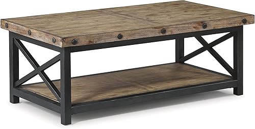 Homestyles Mesa de centro rectangular marrón con marco de metal y cabezales de pernos expuestos