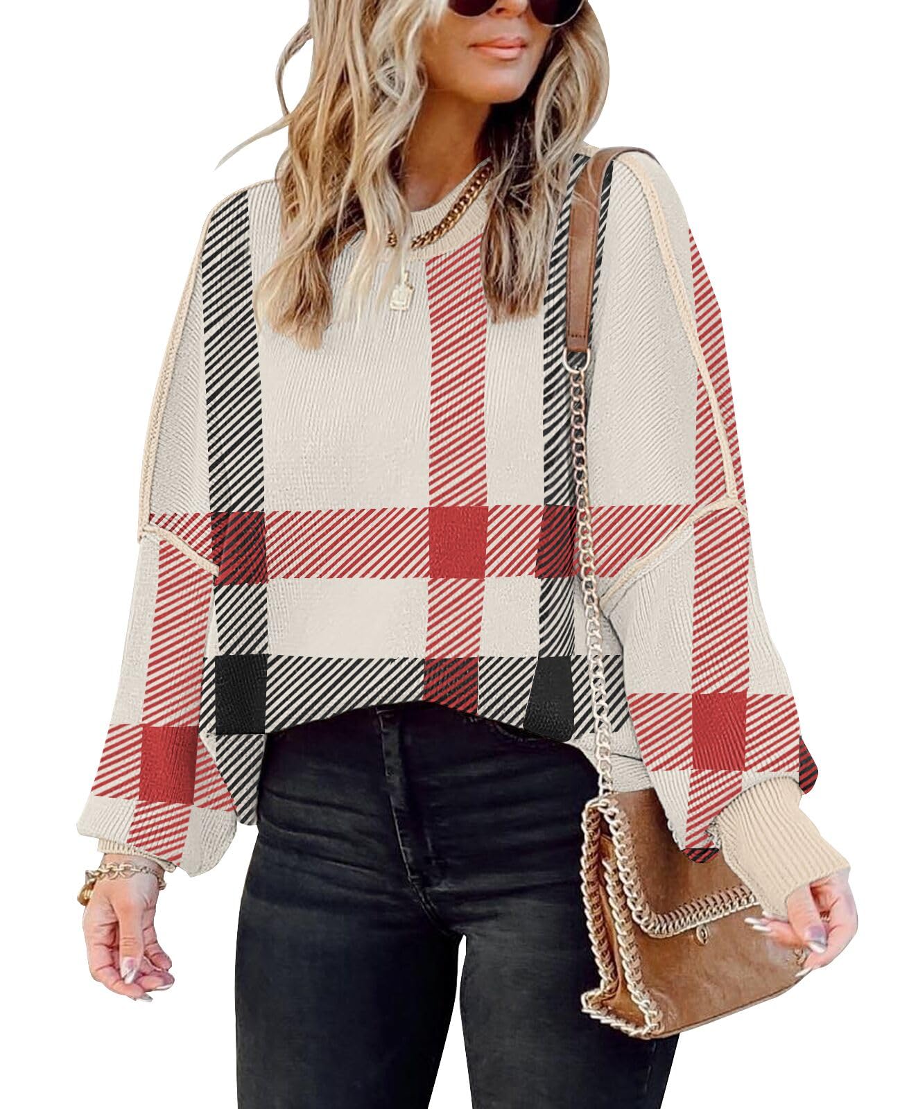 SAUKOLE Womens Sweaters Batwing Sleeve Side Slit Loose Knit Pullover Tops