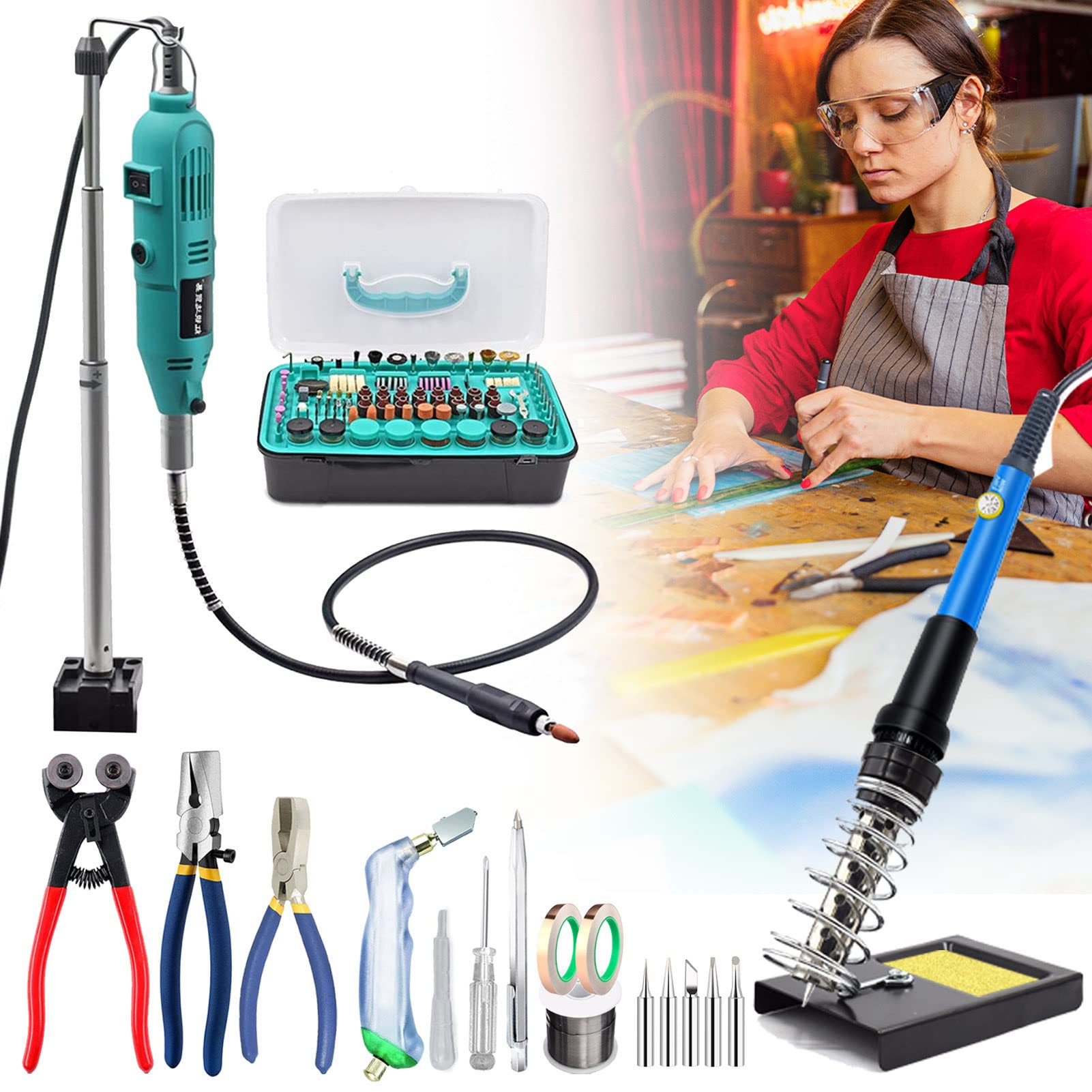 Kit Herramientas Hacer vidrieras, minikit Herramientas Grabado, con Herramienta rotativa y Juego Herramientas Cortar Vidrio, alicates Romper Vidrio y Juego Soldador, Principiantes, Vidrio