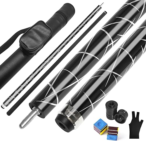 Taco de billar profesional de fibra de carbono con eje de desviación baja con estuche rígido y accesorios, punta de 0.492 in, 58 pulgadas, 21 onzas