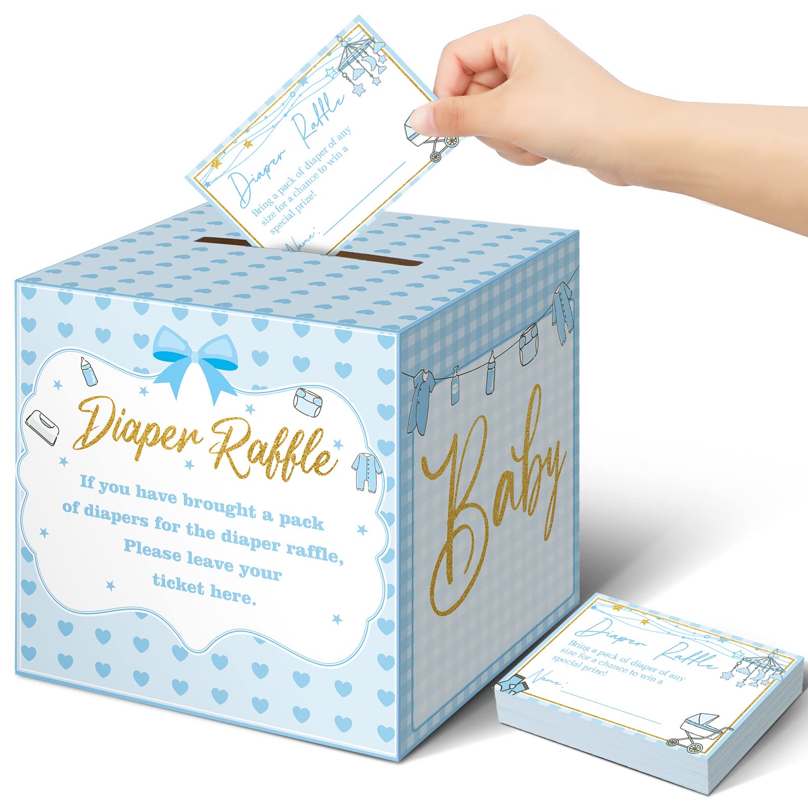 Teling 51 Pieces Diaper Raffle Tickets with Card Box,Blue