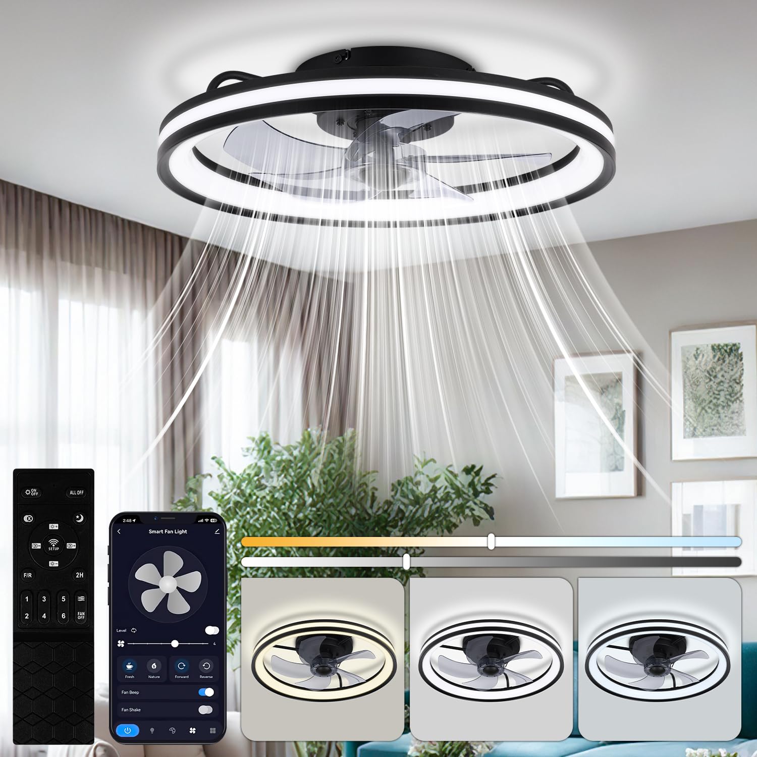 Ventilatore da soffitto con luce,lampada da soffitto con ventilatore e telecomando,3 temperature di colore e 6 velocità,plafoniera a LED con ventilatore,silenzioso per soggiorno e camera da letto