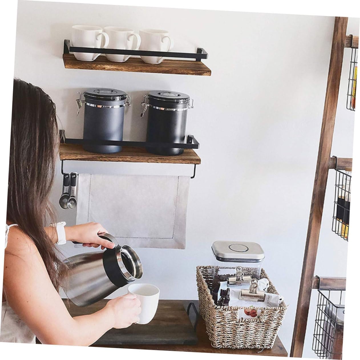 2-Piece Wall-Mounted Storage Racks Rustic Wooden Floating Shelves with Hooks Kitchen and Bathroom Organization Easy Installation Decorative Wall Shelf