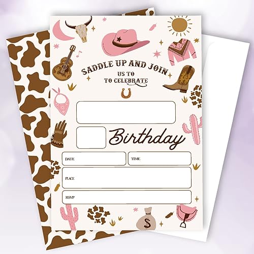 20 juegos de invitaciones para fiesta de cumpleaños de vaquera con sobres, botas de vaquera rosa intenso, sombrero de calavera de vaca impresas de