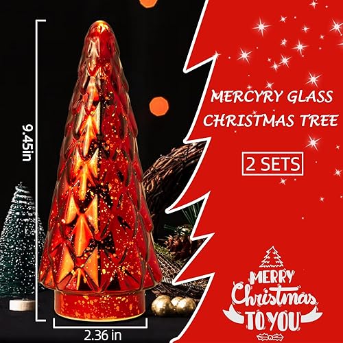 Miniatura 6 de Árbol de Navidad de vidrio de mercurio, paquete de 2 decoraciones iluminadas para árbol de Navidad, centro de mesa de vacaciones, funciona con pilas