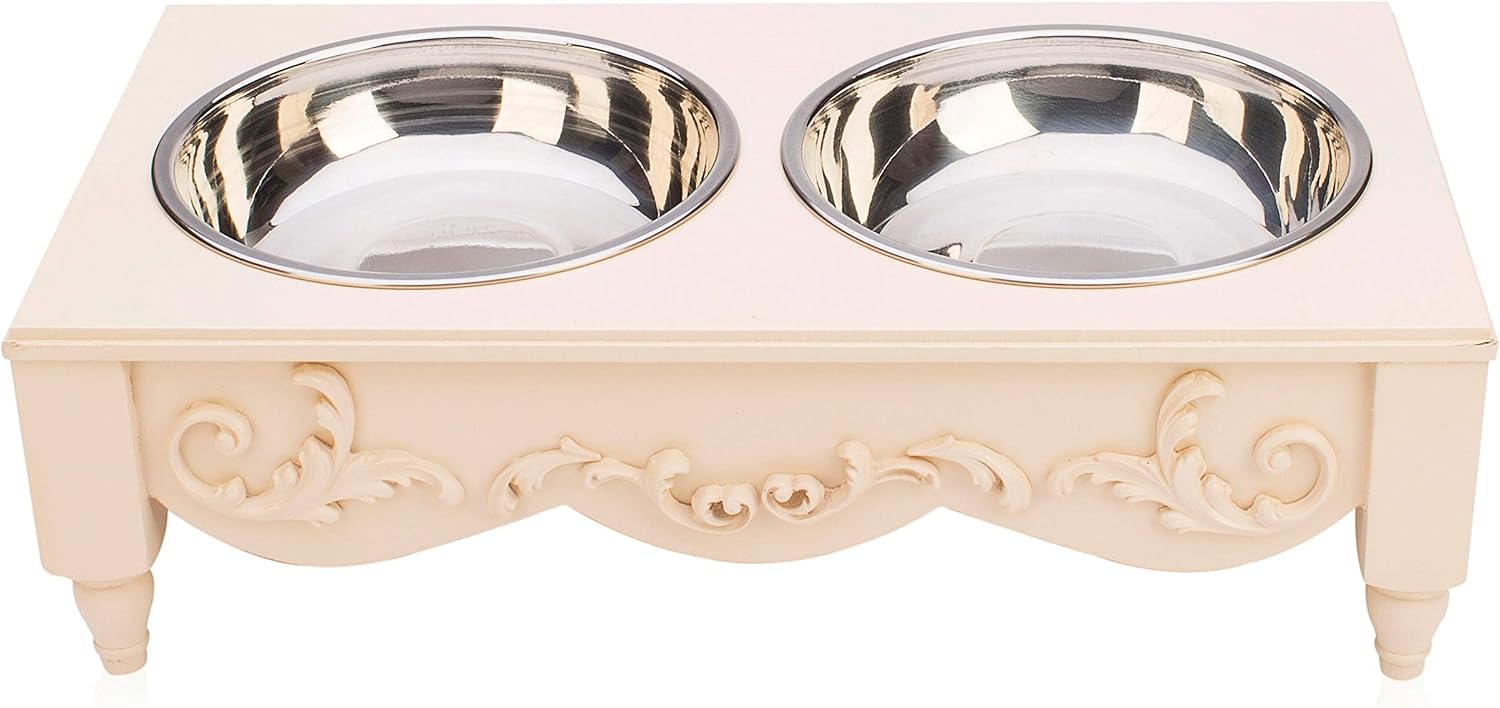 Helpen Pets Elevated Dog Bowl, 4.5-Inch Premium Double Raised Bowls, Food-Grade Stainless Steel, Perfect for Dogs and Cats, Scrollie - Cream