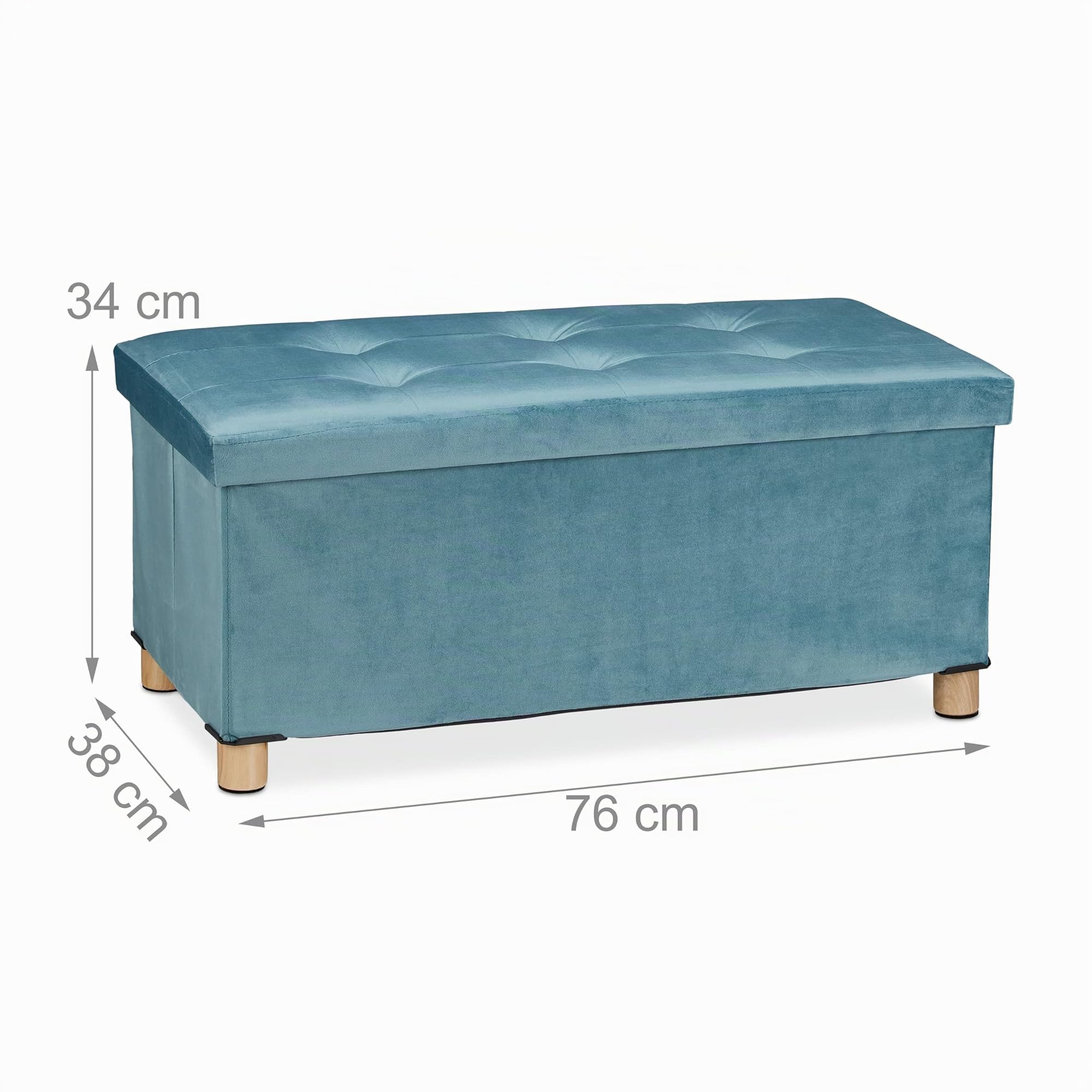Relaxdays Pouf con Contenitore Vassoio, HxLxP: 34x76x38 cm, Sgabello Portaoggetti Salvaspazio, Panca, Velluto, Turchese