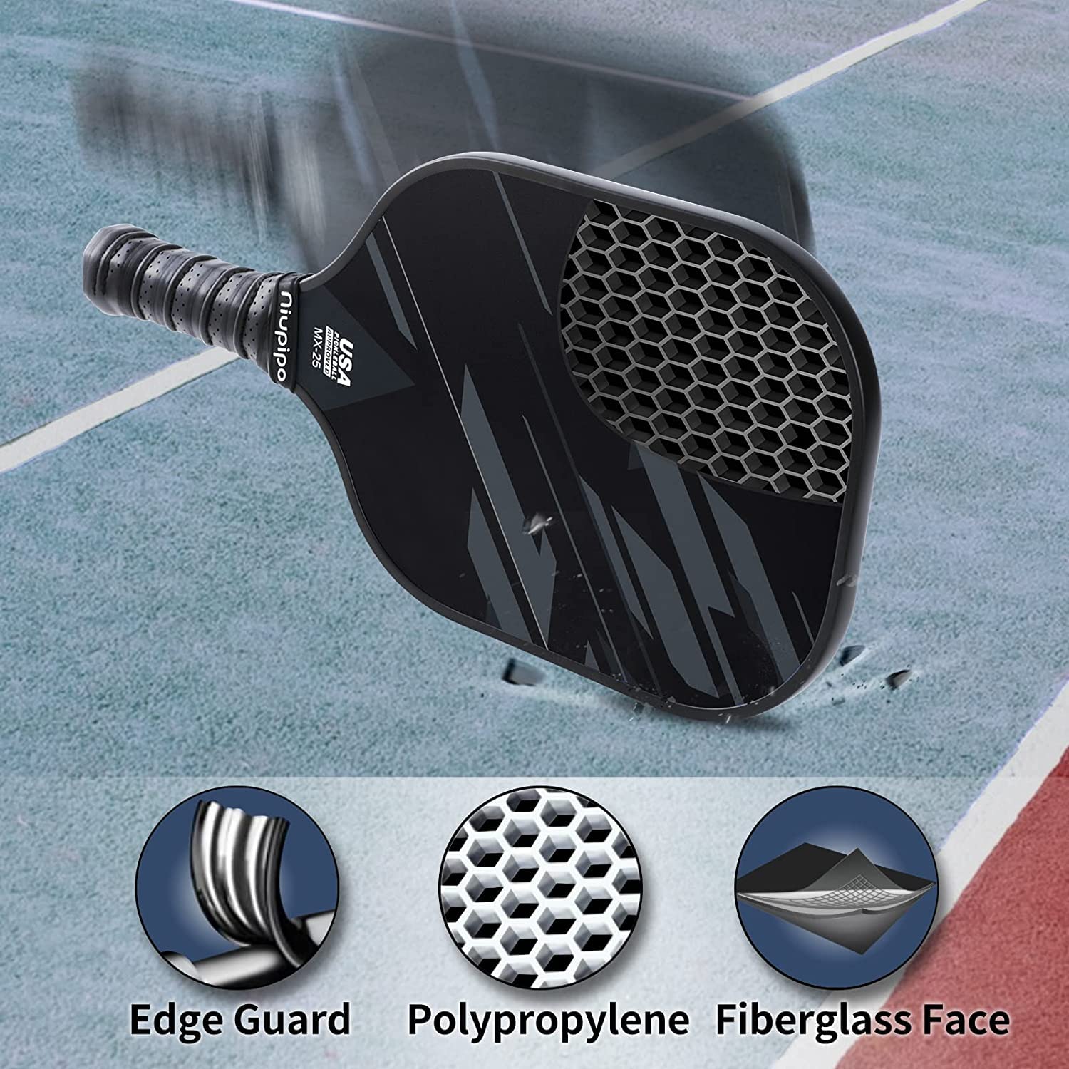 niupipo Pickleball Paddles, Pickleball Paddles Set of 2, Fiberglass Surface, Polypropylene Honeycomb Core, Cushion Grip, Lightweight Pickleball, Portable Carry Bag