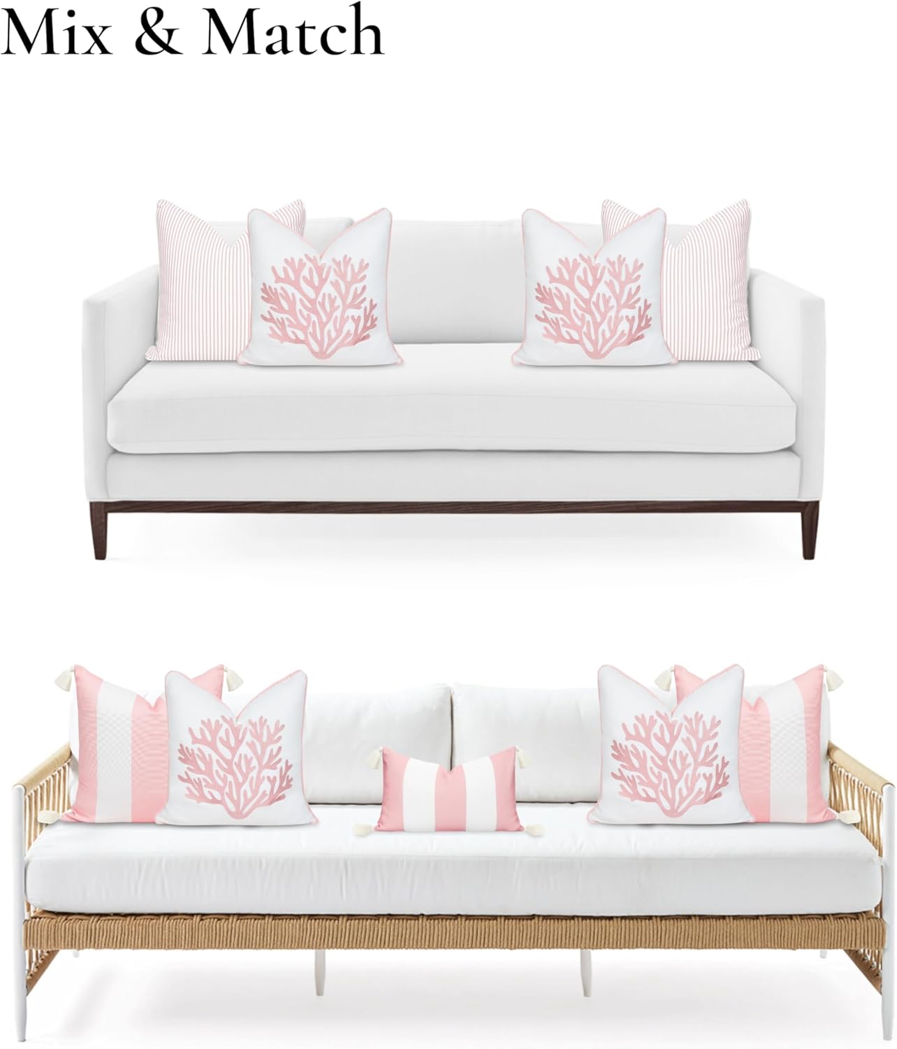 Hofdeco Premium Coastal Patio Indoor Outdoor Throw Pillow Cover Only, 20"x20" Water Repellent for Backyard, Couch, Blush Pink Embroidered Sea Life Coral with Piping