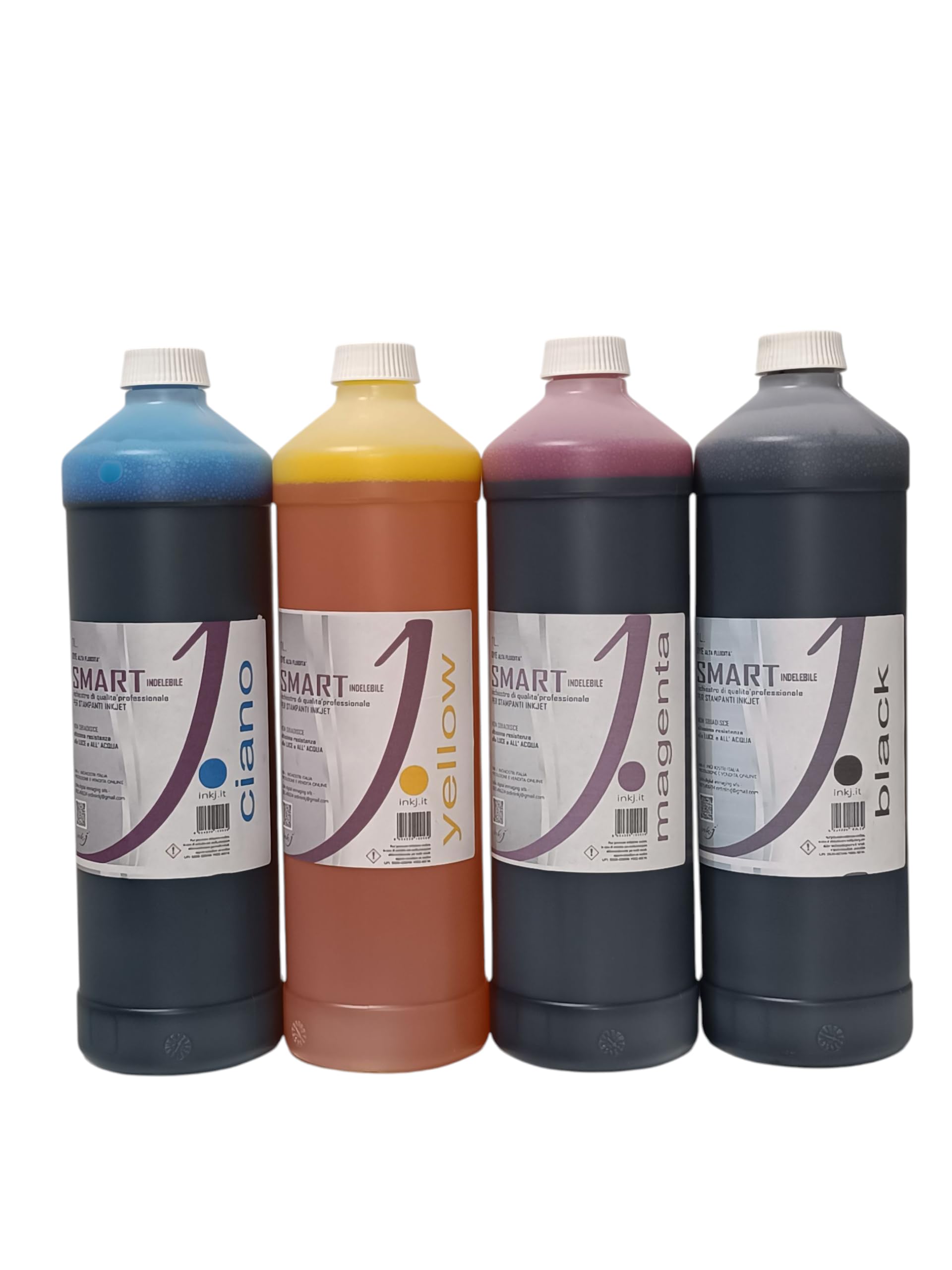 inchiostro ink-j 4 flaconi da 1 litro per canon G tank-epson ecotank-hp smart tank brother gankecotank,bk-m-y-c, pulisce gli ugelli in fase di stampa. Non secca le testine. Made in Italy