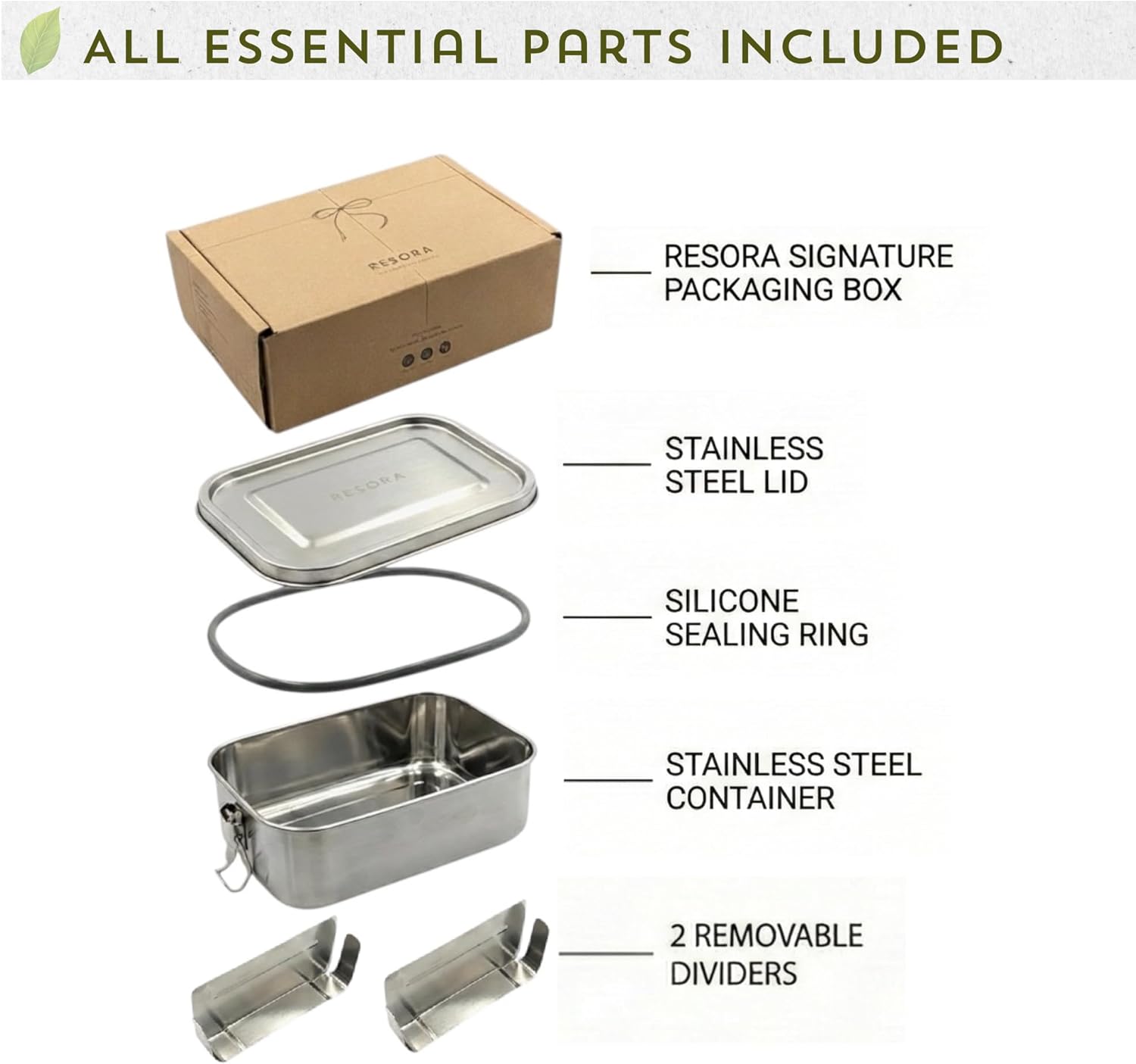 RESORA 40oz 18/8 Food-Grade Stainless Steel Bento Lunch Box for Adults, Leak-Proof, Reusable Stainless Steel Lunch Container with Secure Sealing Lid, 2 Removable Dividers, Work & Travel Meal Prep
