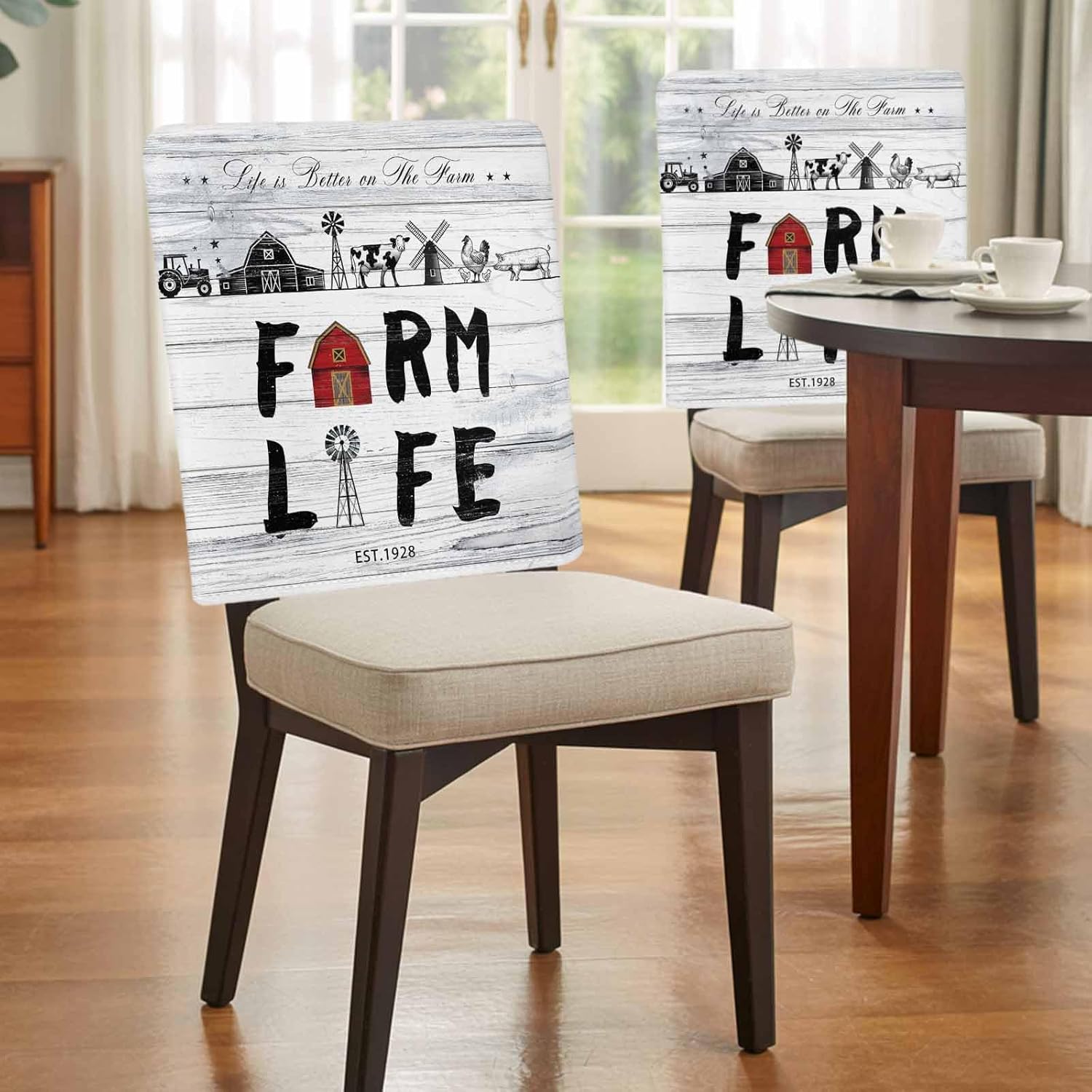 Chair Back Covers Set of 6, Farmhouse Life Washable Removable Chair Covers for Dining Room, Barn Animals Grey Vintage Wooden Decorative Dining Chair Slipcover for Kitchen, Home, Hotel, 20x19 Inch