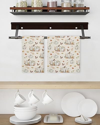 Miniatura 3 de Kitchen Towel 2 Packs Cotton Waffle Weave, Vintage Fall Harvest White Pumpkin Leaves 16 x 24 Inch Absorbent Quick Drying Dish Towels Clothes for