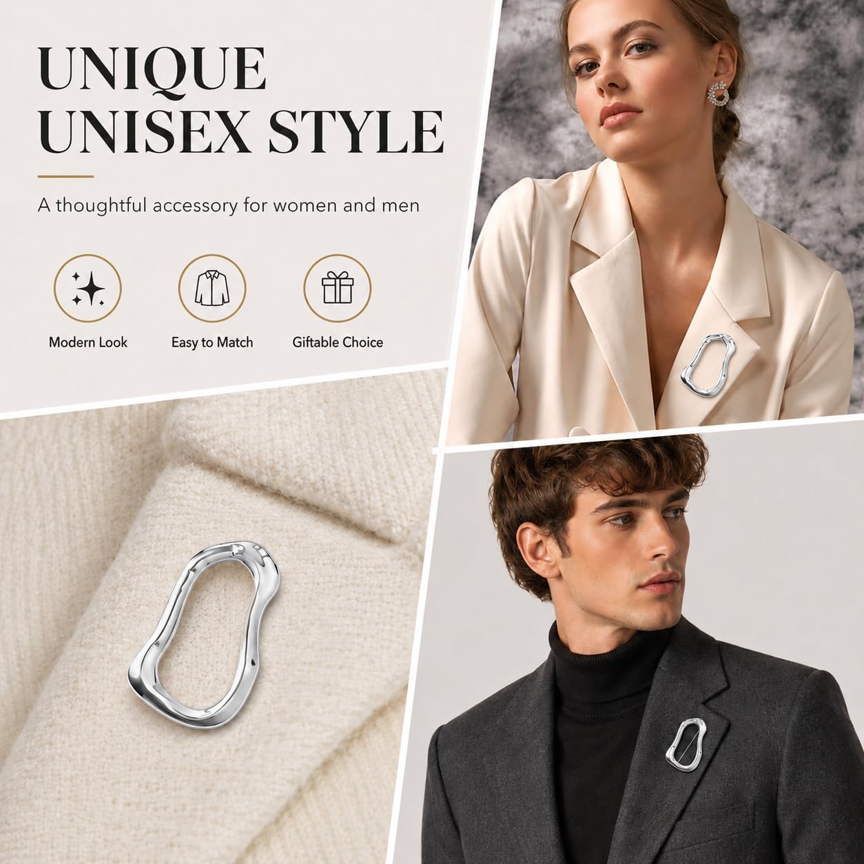 Silver Irregular Geometric Brooches and Pins, Silver-Tone Fashion Lapel and Shawl Pin Set for Sweaters, Hats, Scarves, Suits, and Dresses; Unique Unisex Jewelry and Clothing Accessories for Women and Men