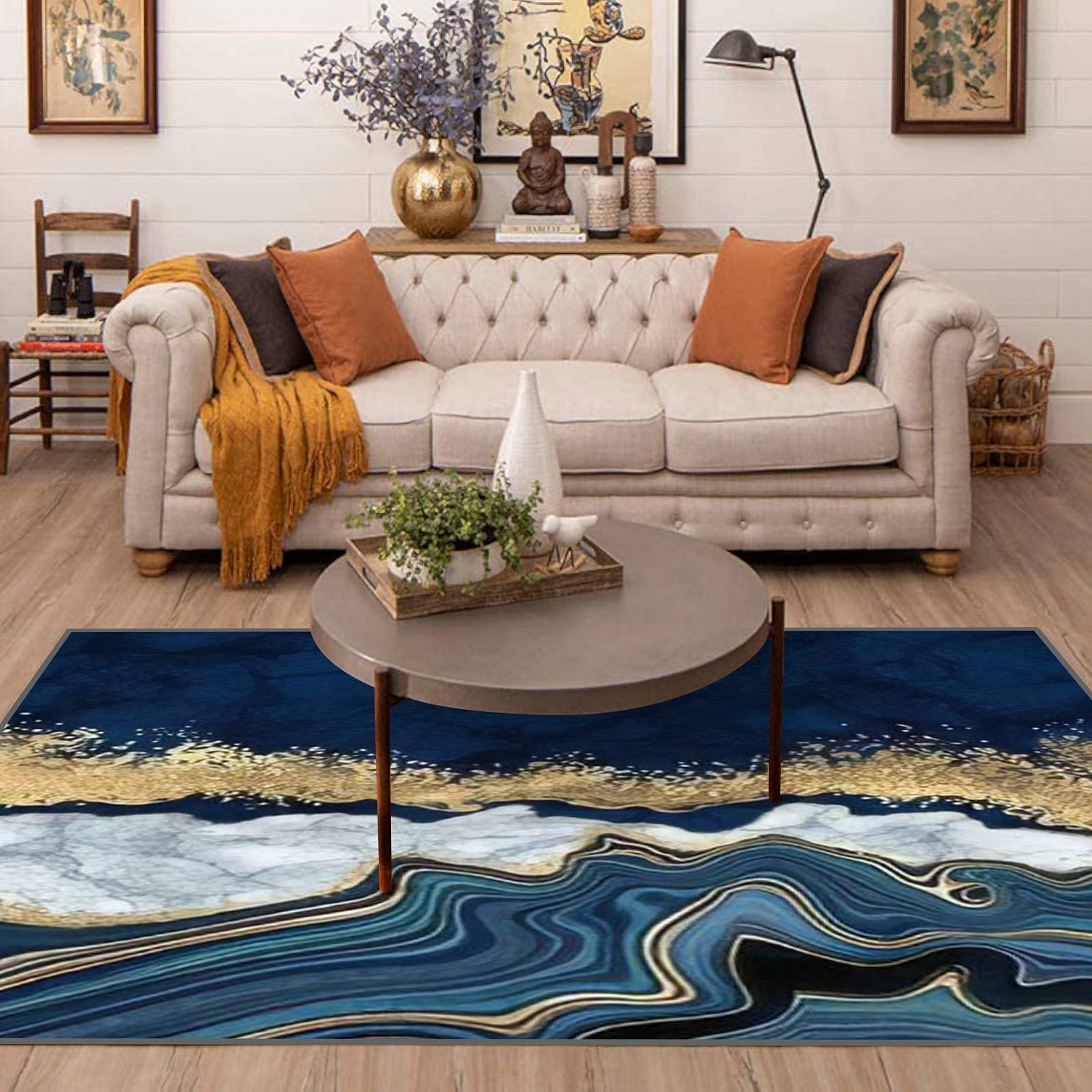 Area Runner Rug Non-Slip Throw Rugs Abstract Background Blue Agate with Golden Veins White Marble Fake Carpet Playmat Yoga Indoor Floor Carpet Patio Door Mat , Multi4