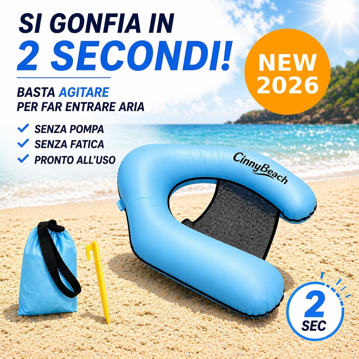 Cinnybeach, Materassino mare, Autogonfiabile, Poltrona piscina con Rete, amaca mare, Materassino Senza Pompa per Spiaggia e Piscina, con Borsa e Picchetto - Innovativo si Gonfia con il Vento (Giallo)