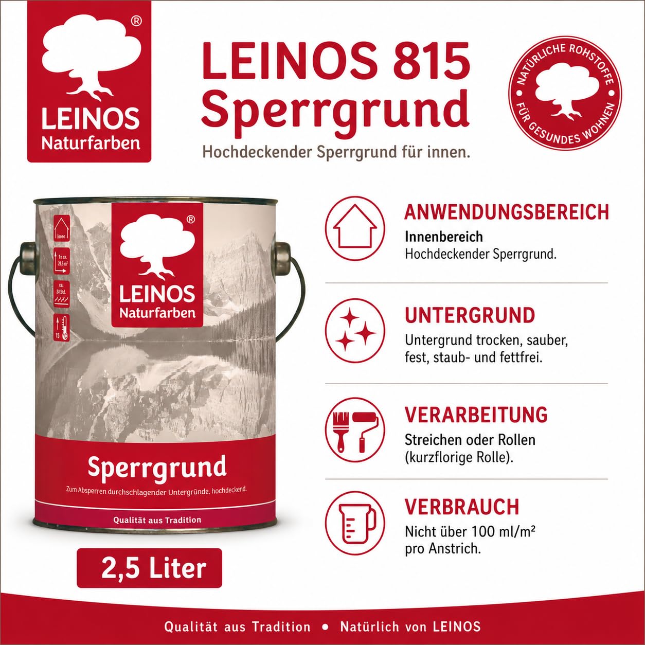LEINOS 815 Sperrgrund 2,5 l | Hochdeckend: Erzeugt einen weißen, leicht rauen Untergrund, der für nachfolgende Anstriche gute Haftung bietet