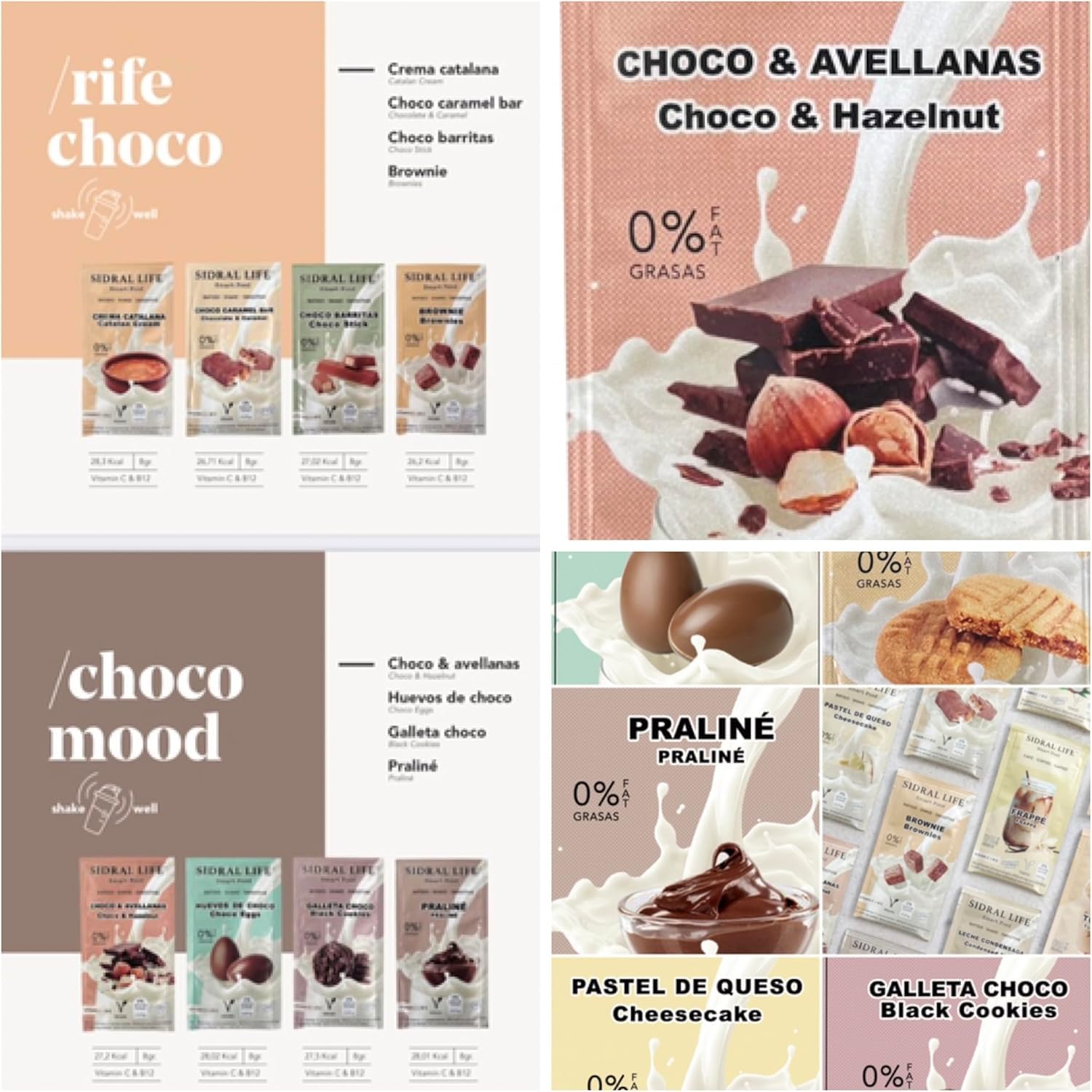 SIDRAL LIFE Saborizantes sin azúcar para leche batidos postres Instantáneas en Polvo con Vitamina C y B12 15 Sobres Mix