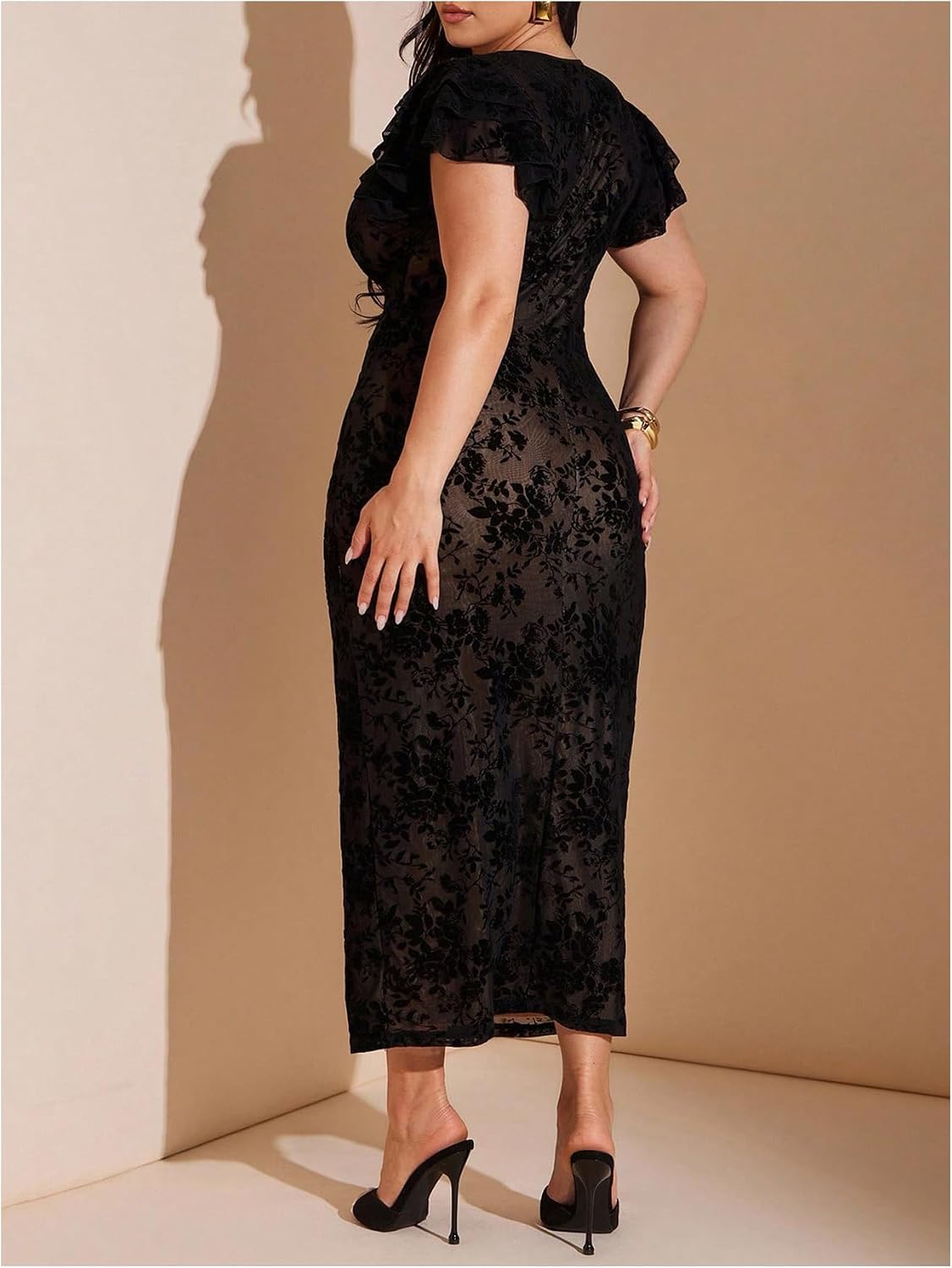 BEAUDRM Women's Plus Size Cocktail Floral Maxi Dress Deep V Ruffle Short Sleeve Bodycon Mesh Wedding Guest Party Dresses