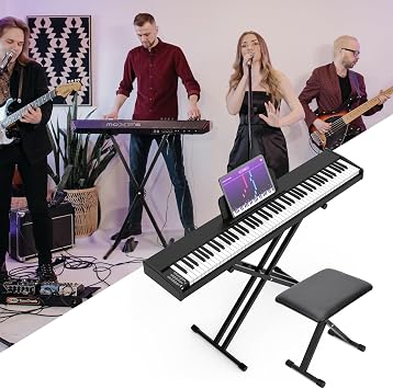 Double Braced X Frame Music Piano Keyboard Stand & Chair Set,Piano Stand with 7 Times Adjustable Height Positions,Braced X Frame Music Piano Keyboard Chair
