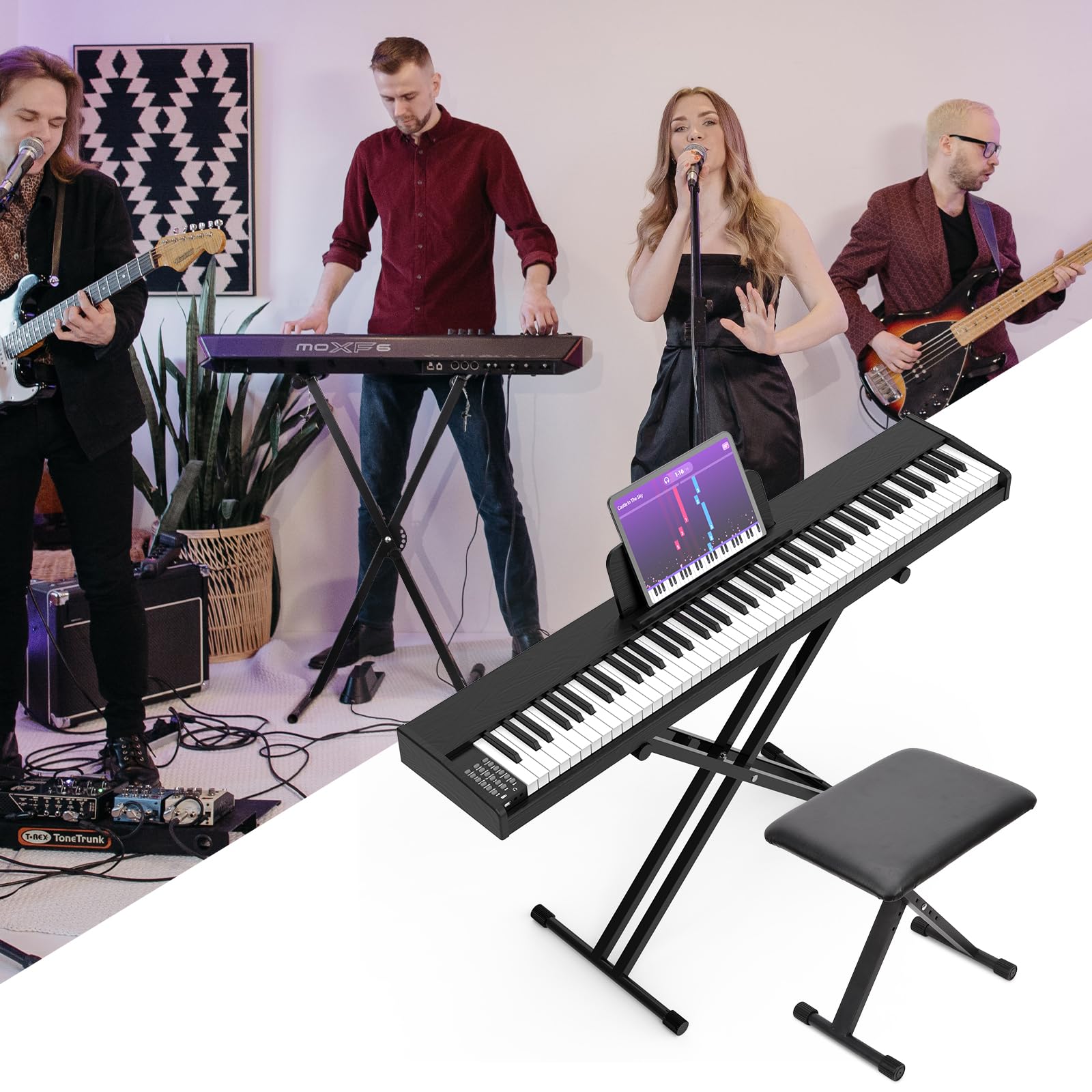 Doppelstrebig X-Keyboardständer,keyboard ständer mit 7-Fach höhenverstellbar - gepolsterte Keyboardbank 3-Fach höhenverstellbar – Stabiler, klappbarer Ständer und komfortabler Klavierhocker
