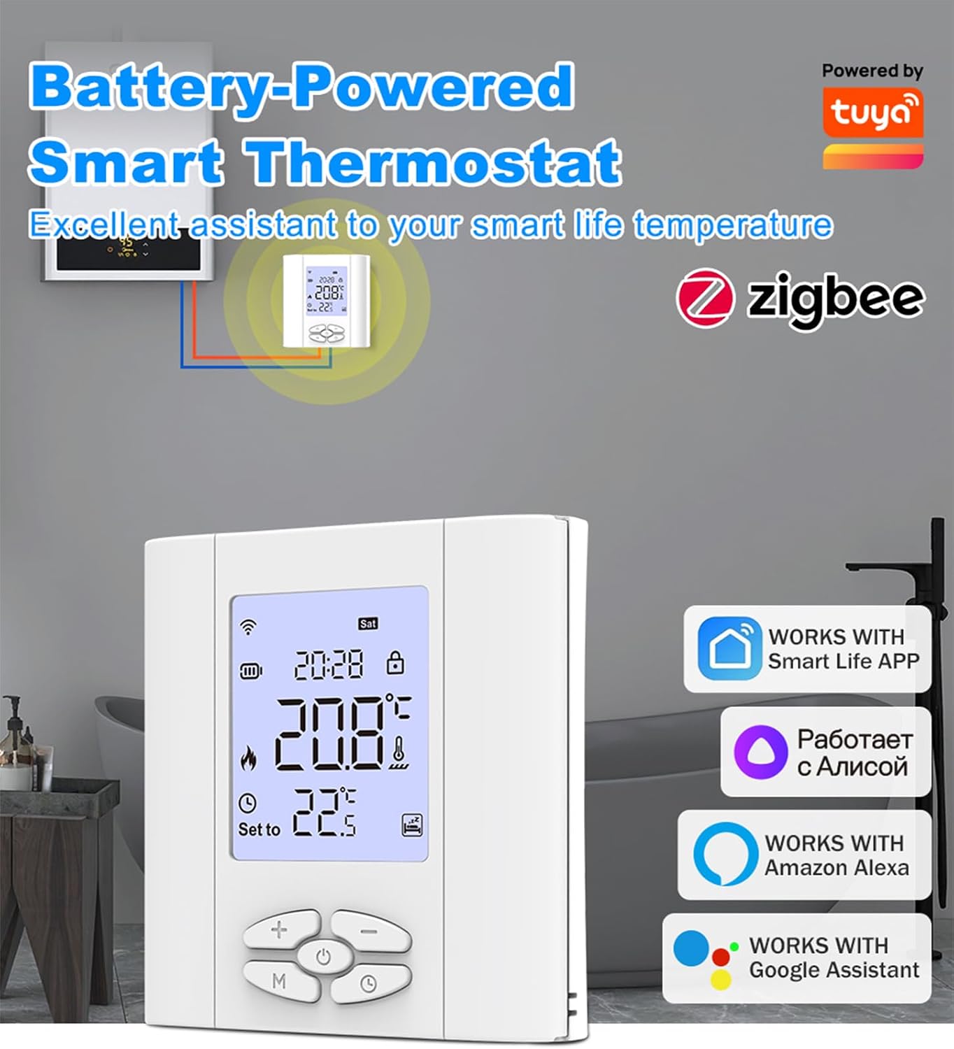 Thermostat showing compatibility with Tuya, Zigbee, Smart Life App, Alexa, and Google Assistant