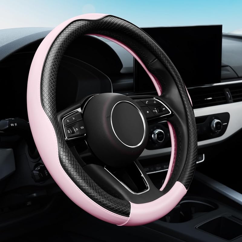 Capa para Volante YHONGJT em Couro, Antideslizante, Respirável, Rosa-claro G-Light Pink, 37–38 cm