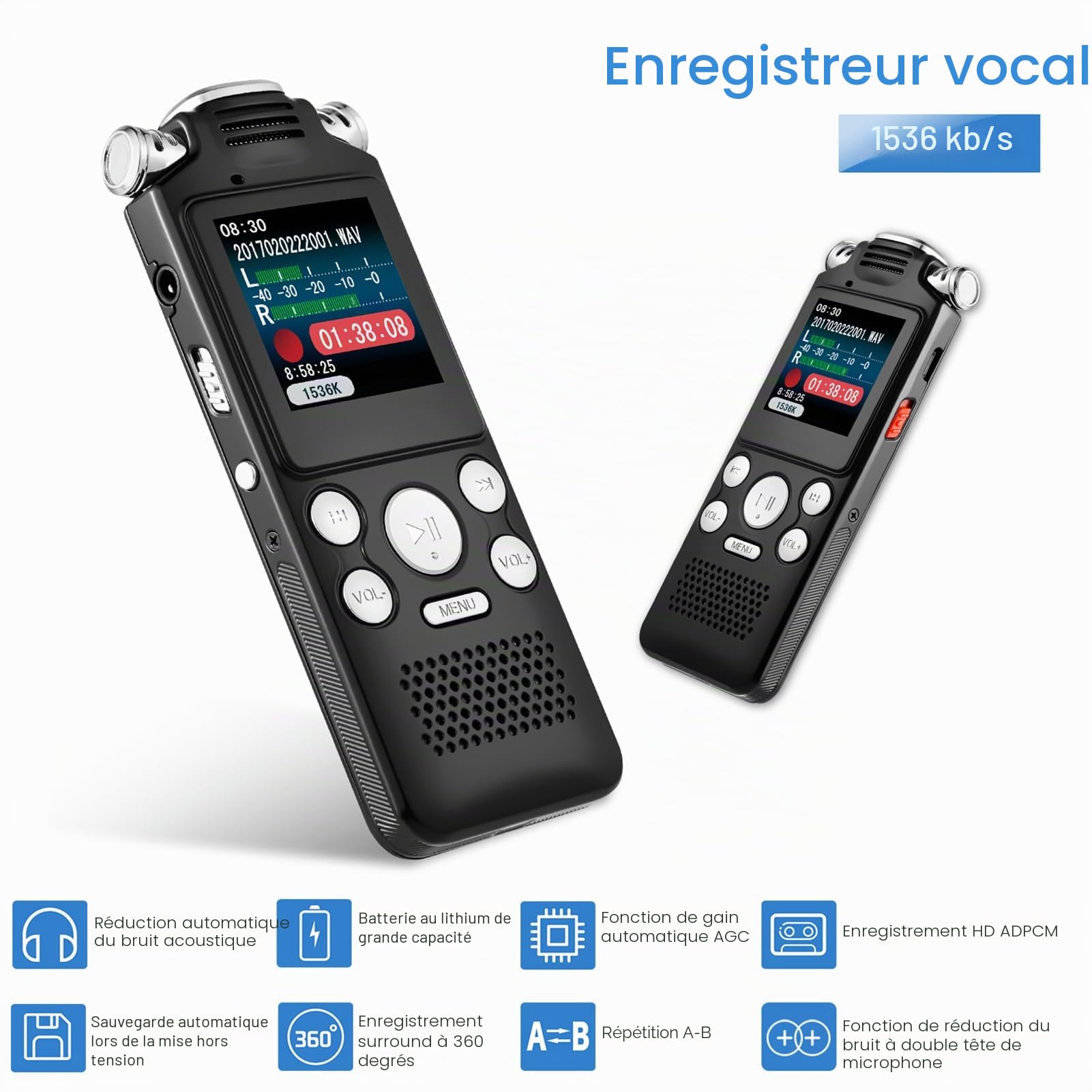 Docooler Enregistreur vocal de 8 Go, enregistreur audio avec annulation de bruit, double microphone pour enregistrement activé par la voix HD, boîtier en métal