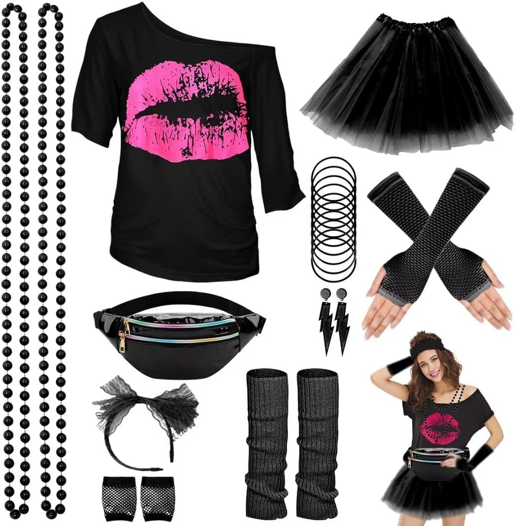WILDPARTY 80s Costume Accessories for Women, T-Shirt Tutu Fanny Pack Headband Earring Necklace Fishnet Gloves Legwarmers