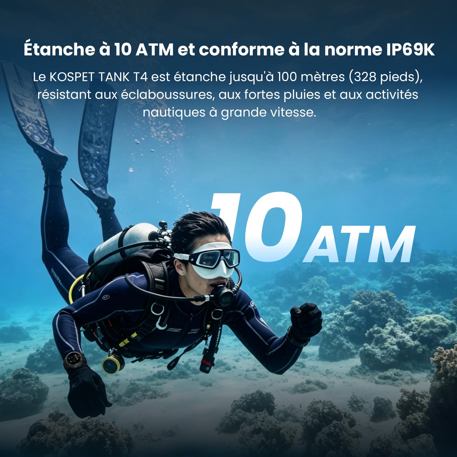 KOSPET Tank T4 GPS Montre Connectée Homme, Cartes Hors Ligne, 1.43'' AMOLED | Acier Inoxydable, Étanche 10 ATM et IP69K, Plongée 45M, Batterie 15 Jours, Surveillance Santé 24/7, Compatible Android et iOS