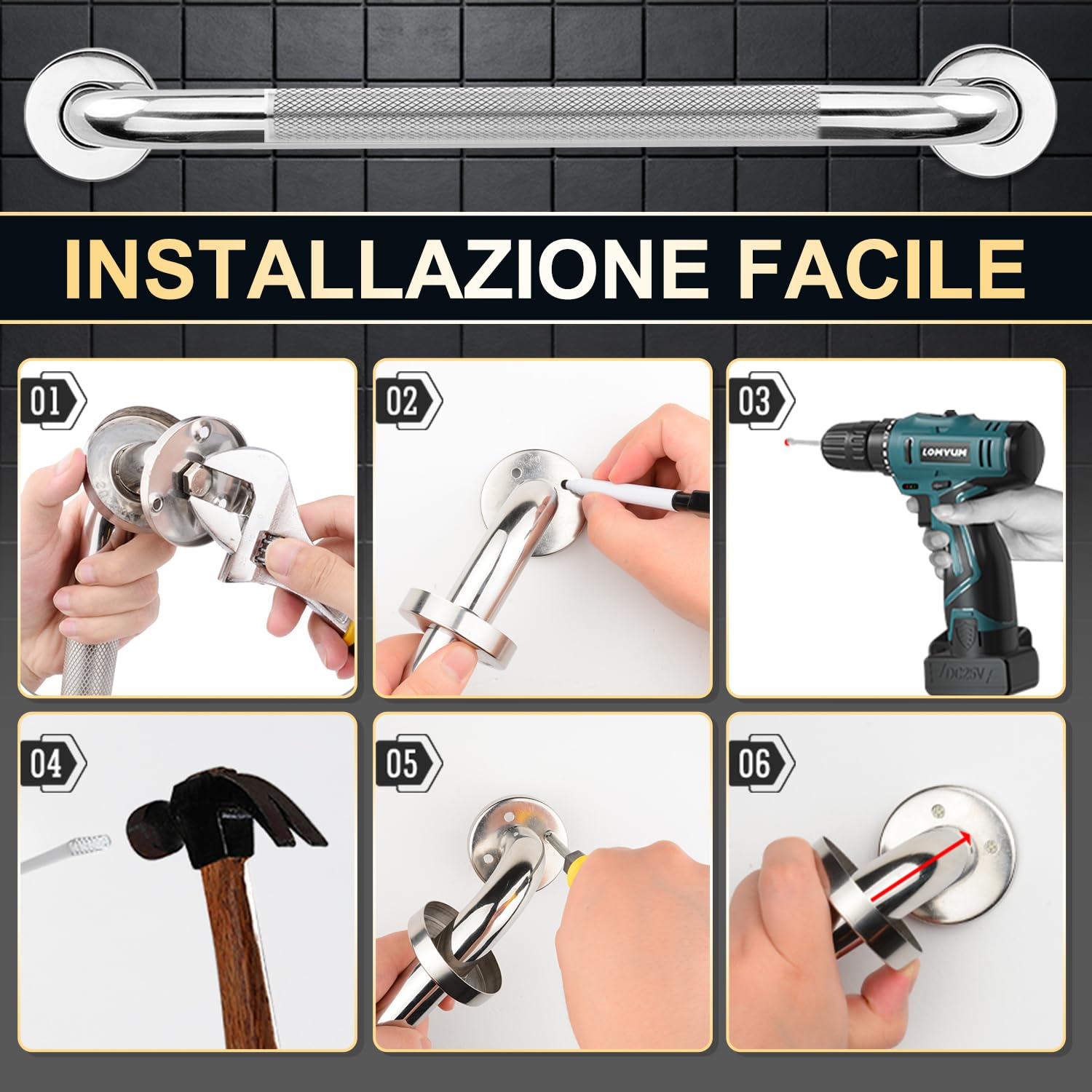 supregear Barra di Sostegno per Bagno, Antiscivolo in Acciaio Inox 304, Barra di Sicurezza e Supporto per Cucina, Camera da Letto, Vasca, Doccia, 30 cm