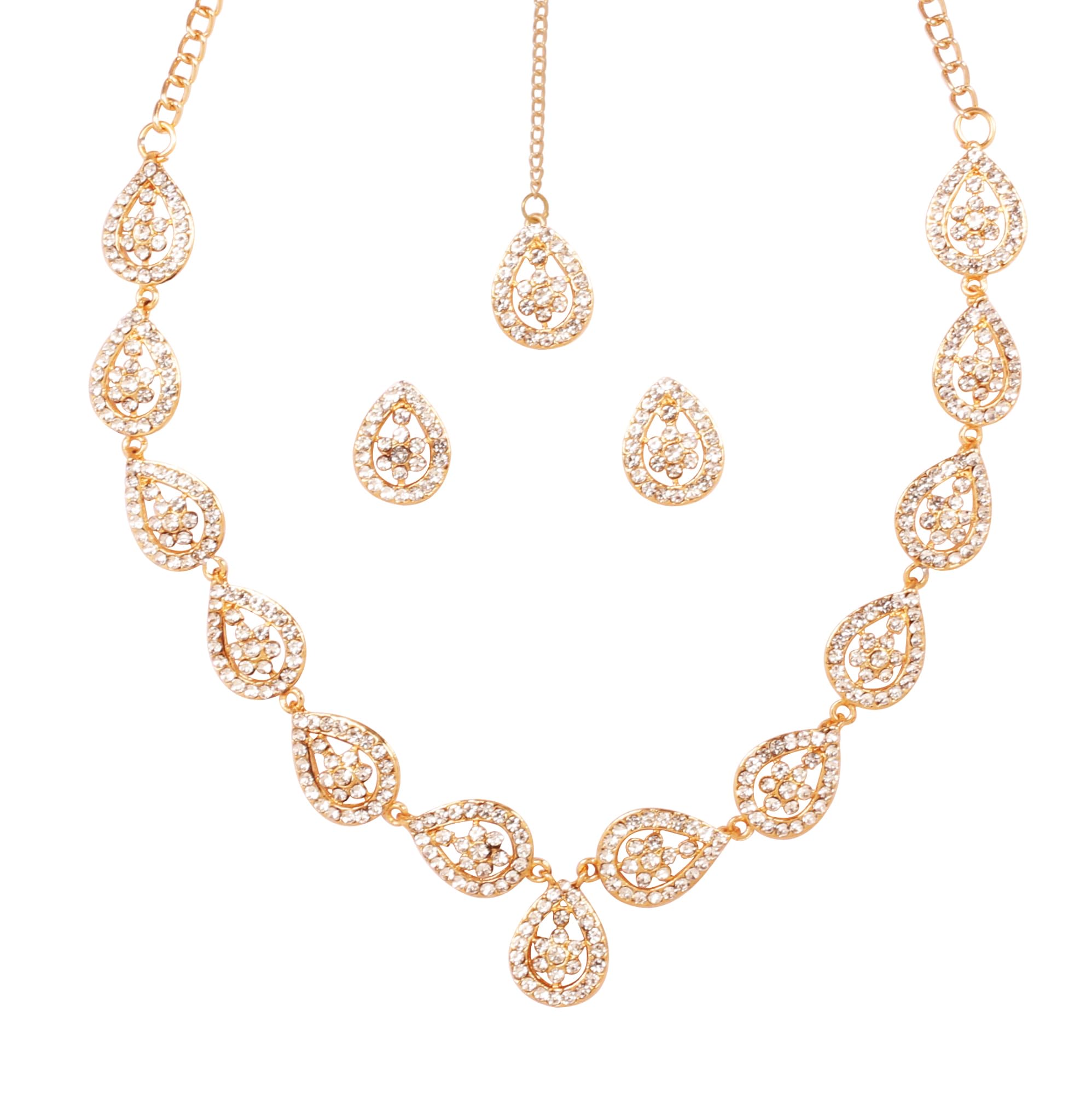 Sunsoulby Touchstone Indian Bollywood Handcrafted Traditional Rhinestone Designer Jewelry Necklace Mangtika Set in Gold Tone for Women.