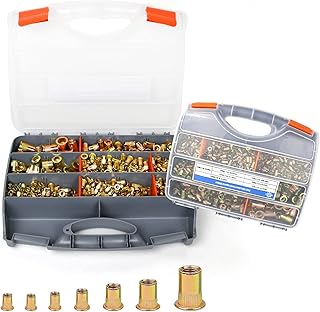 860 Pcs SAE Rivet Nuts Set, 6#-32, 8#-32, 10#-24, 1/4"-20, 5/16"-18, 3/8"-16, 1/2"-13, Rivet Nut Kit Carbon Steel Flat Head, Zinc Plated Finish Rivet Nuts Assortment, Threaded Insert Nutserts with Box