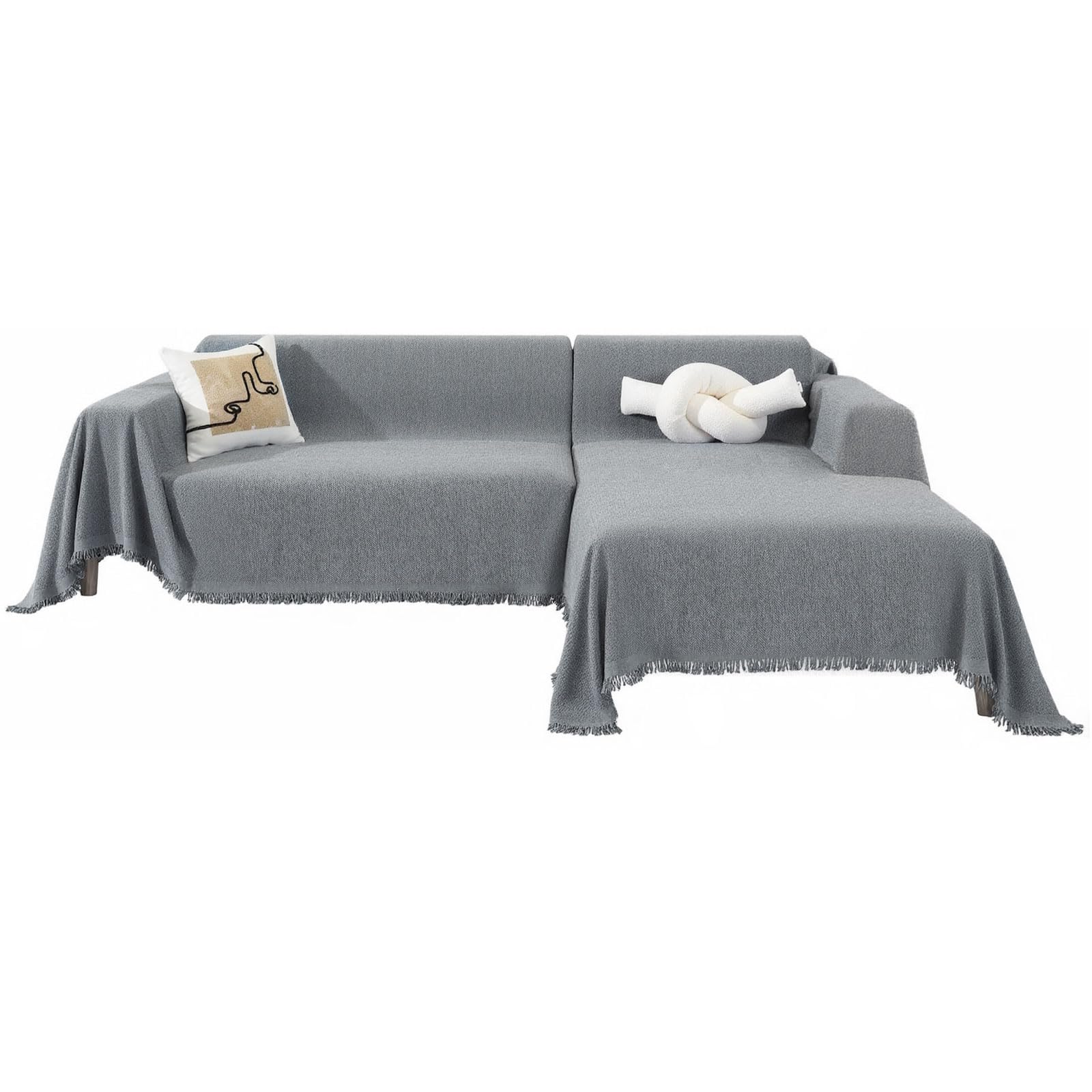 ShowyLive Set of 2 Chenille Sofa Covers for L Shape Corner Sofa Slipcovers, Soft Couch Cover 180 x 300 CM with Tassel for Furniture Protector (3 Seater + 3 Seater, Grey)