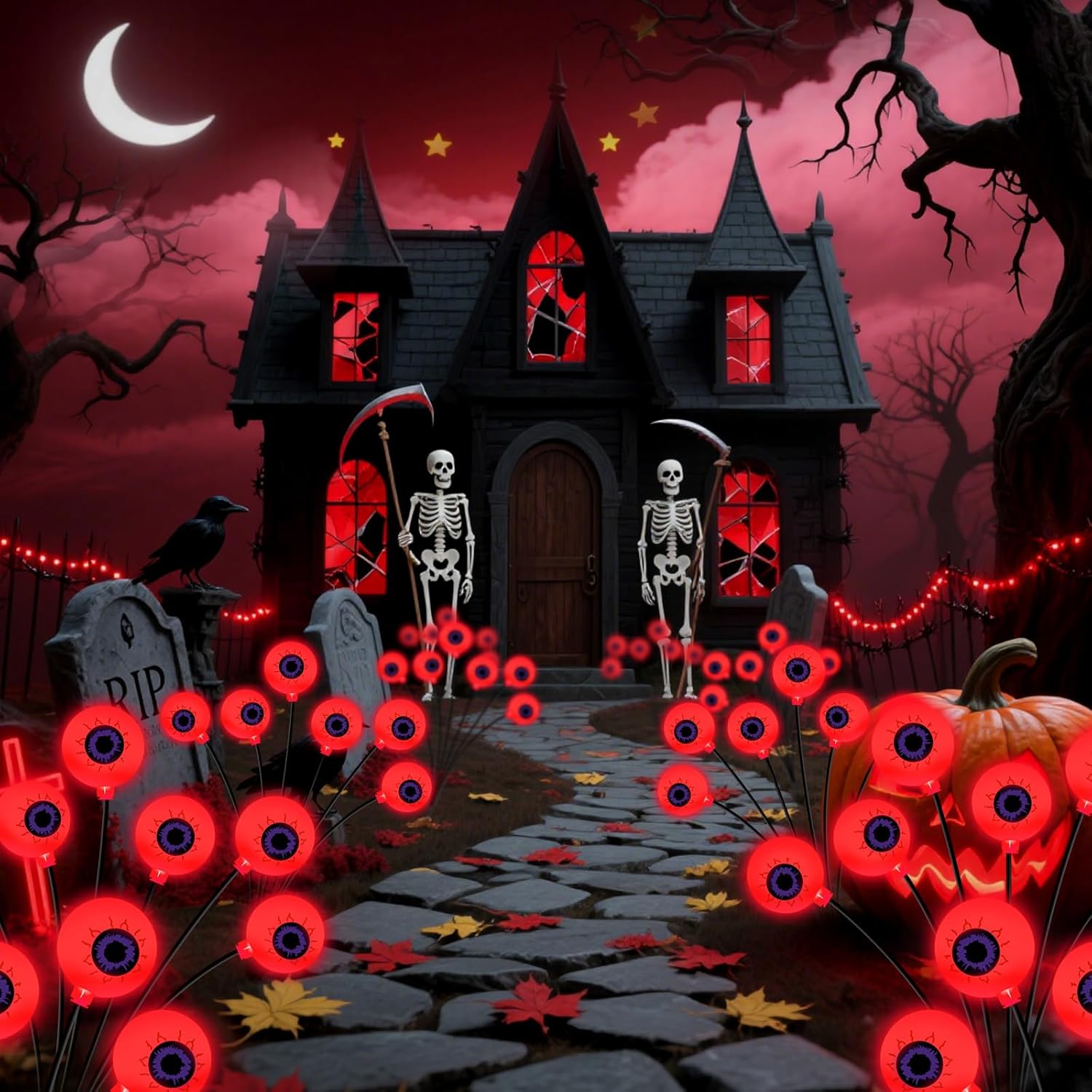 Halloween Decorations Outdoor, 6 Pack 36 LED Solar Red Scary Eyeball Swaying Lights, Red Solar Firefly Light Waterproof Outdoor Garden Lights for Halloween Yard Garden Party - Image 7